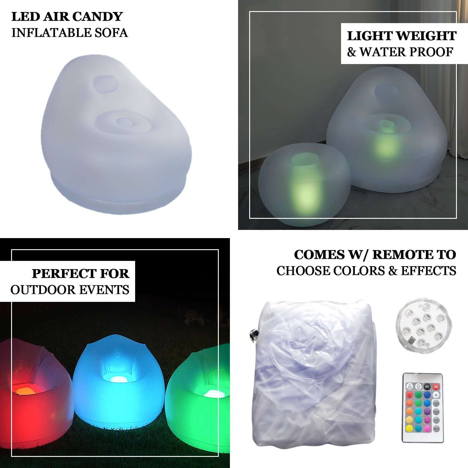 Color Changing LED Light Up Inflatable Sofa Chair, Waterproof Illuminated Remote Battery Operated Furniture