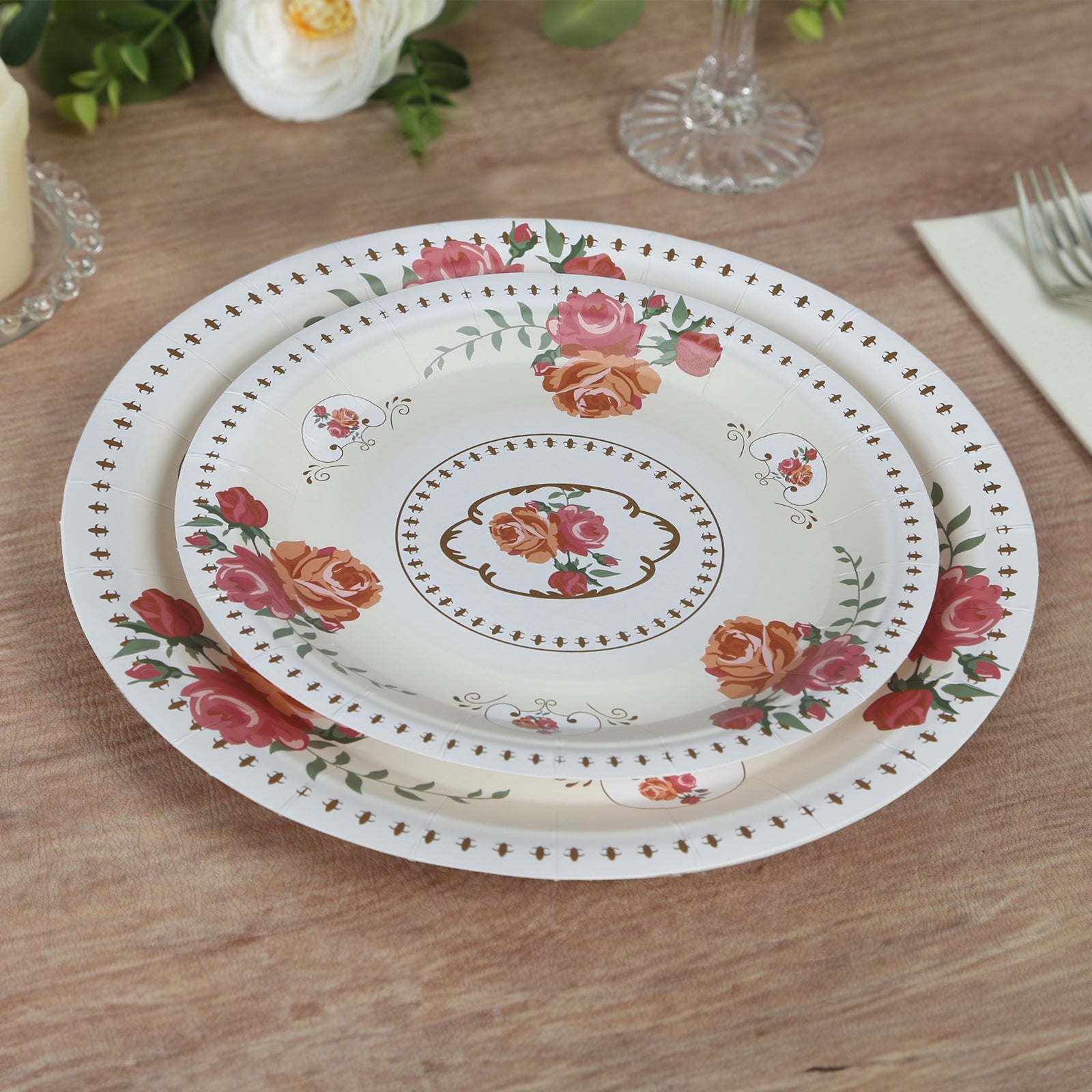 25-Pack Paper 7 Round Dessert Plates in Ivory with Vintage Rose Flower Print - Disposable Appetizer Salad Plates for Bridal Showers & Garden Luncheons