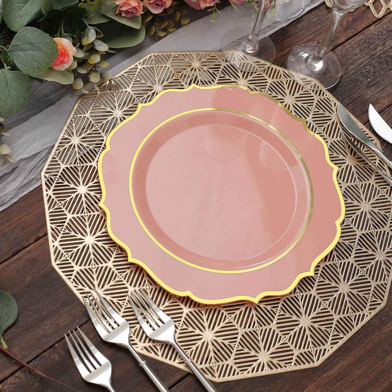 10-Pack Plastic 10 Round Dinner Plates in Dusty Rose with Gold Scalloped Rim - Disposable Party Plates