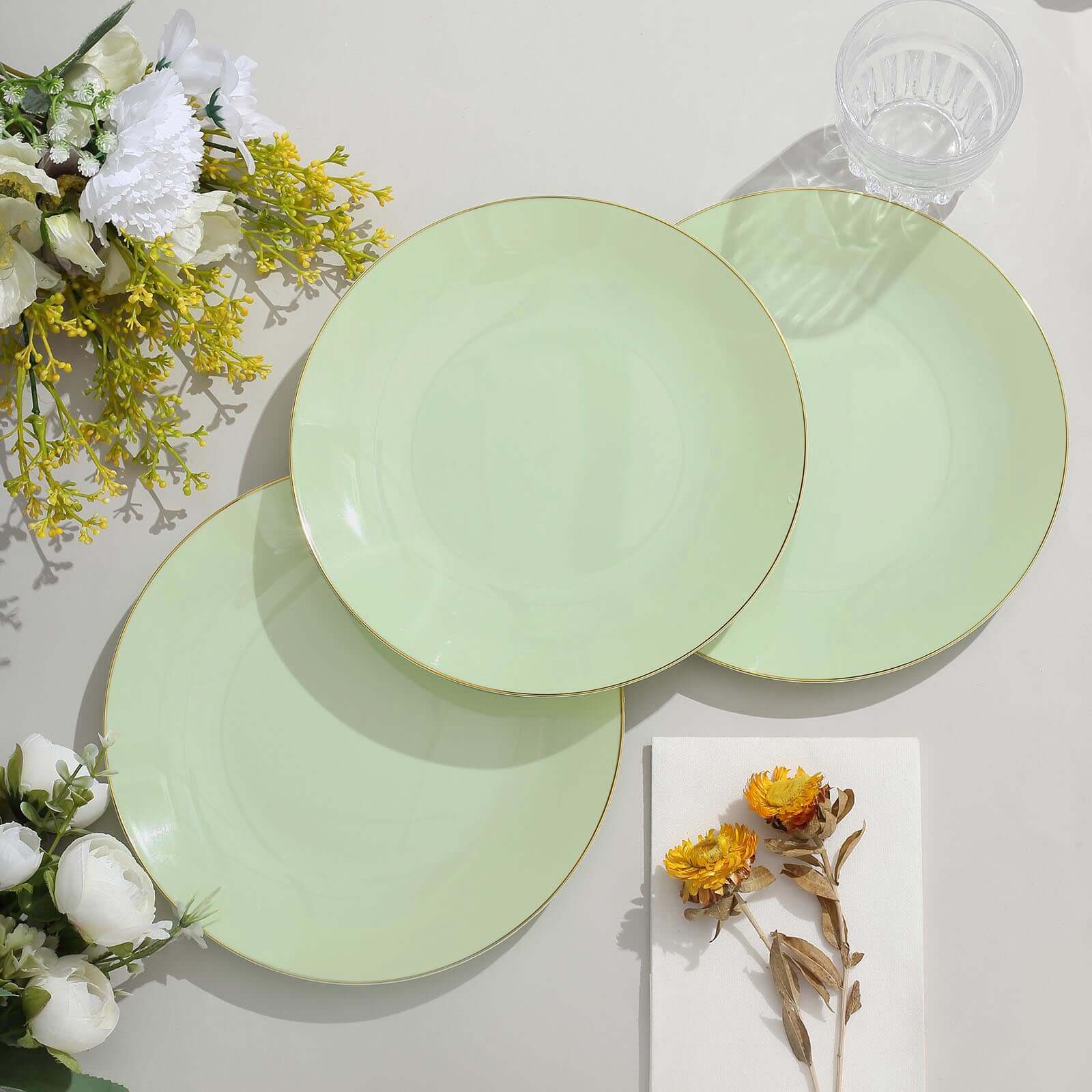 10-Pack Plastic 8 Round Dessert Plates in Sage Green with Gold Rim - Glossy Disposable Appetizer Salad Plates