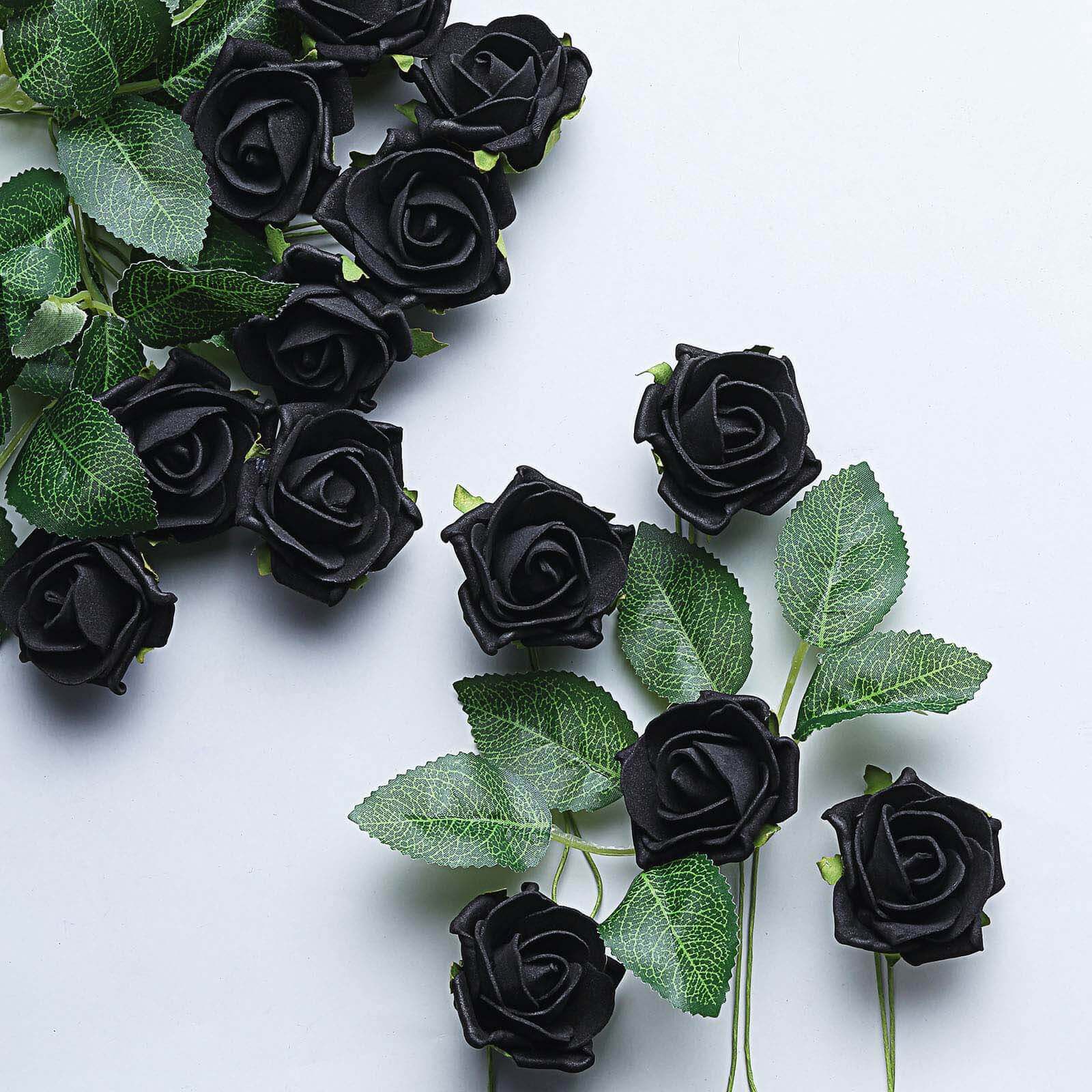 24 Roses 2 Black Artificial Foam Flowers With Stem Wire and Leaves