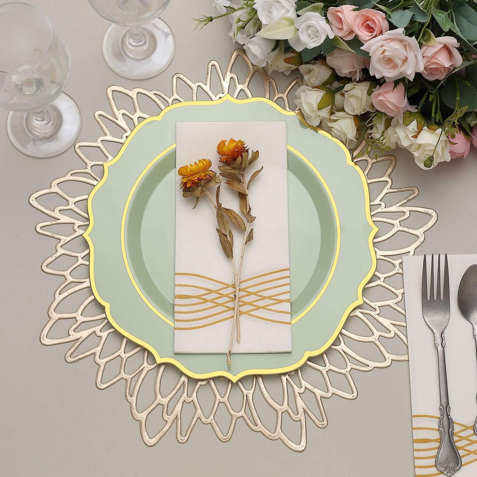 10-Pack Plastic 10 Round Dinner Plates in Sage Green with Gold Scalloped Rim - Disposable Party Plates