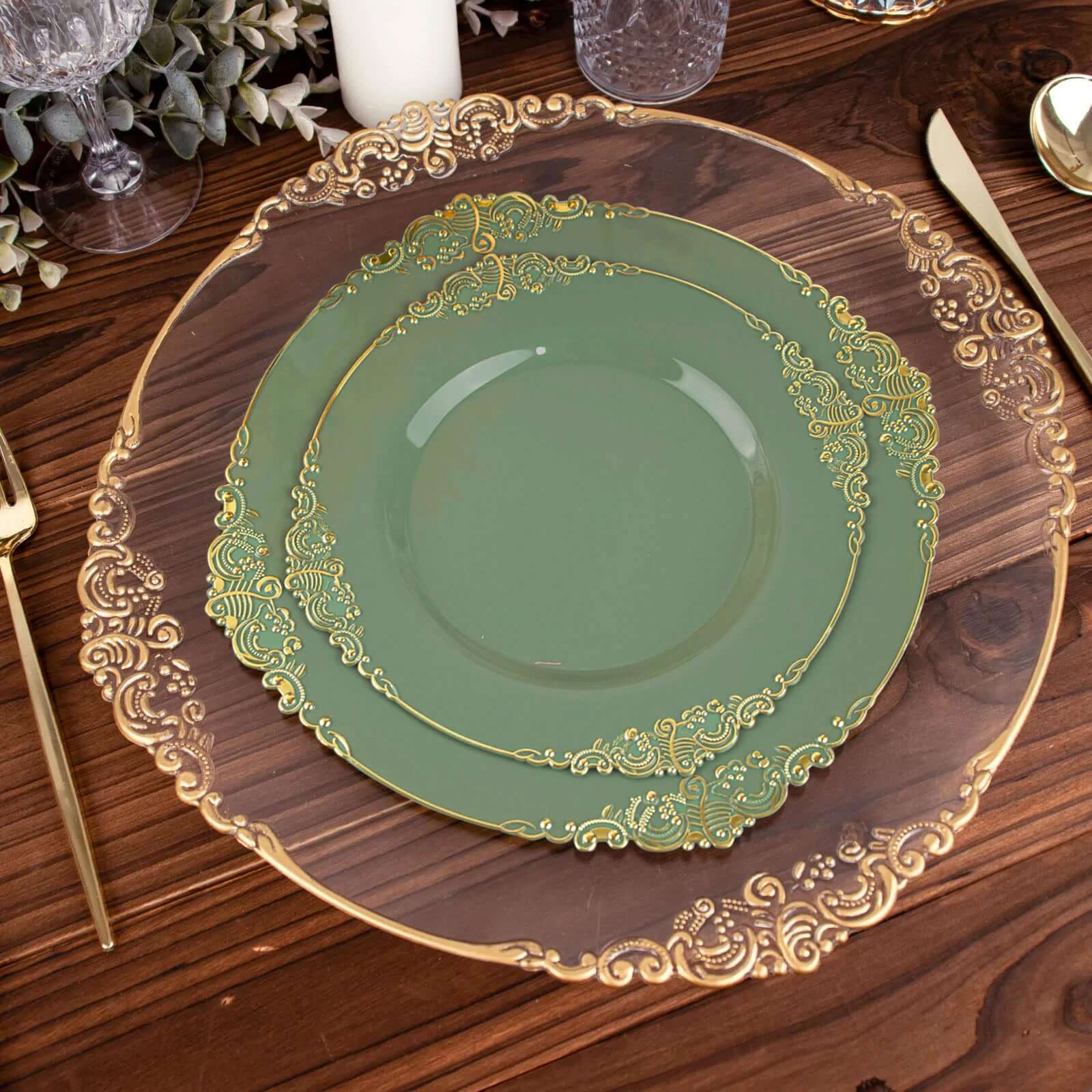 10-Pack Plastic 8 Round Dessert Plates in Dusty Sage Green with Gold Leaf Embossed Rim - Disposable Vintage Baroque Style Salad Plates