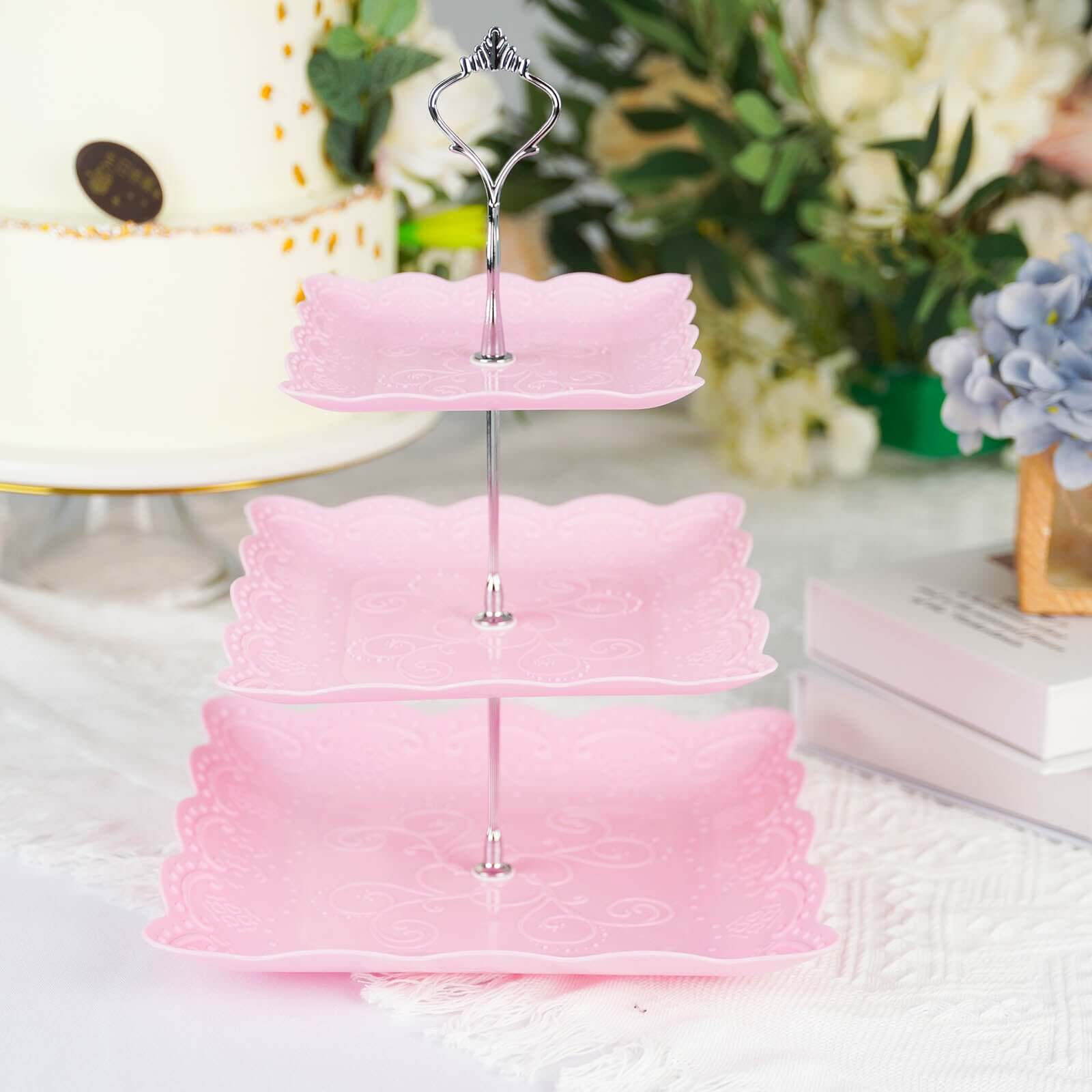 3-Tier Plastic Square Cupcake Stand Tower Pink - Charming Easy to Assemble Dessert Display Serving Tray Platter with Floral Embossed Scalloped Rim & Silver Handle for Tea Parties Weddings & Special Oc