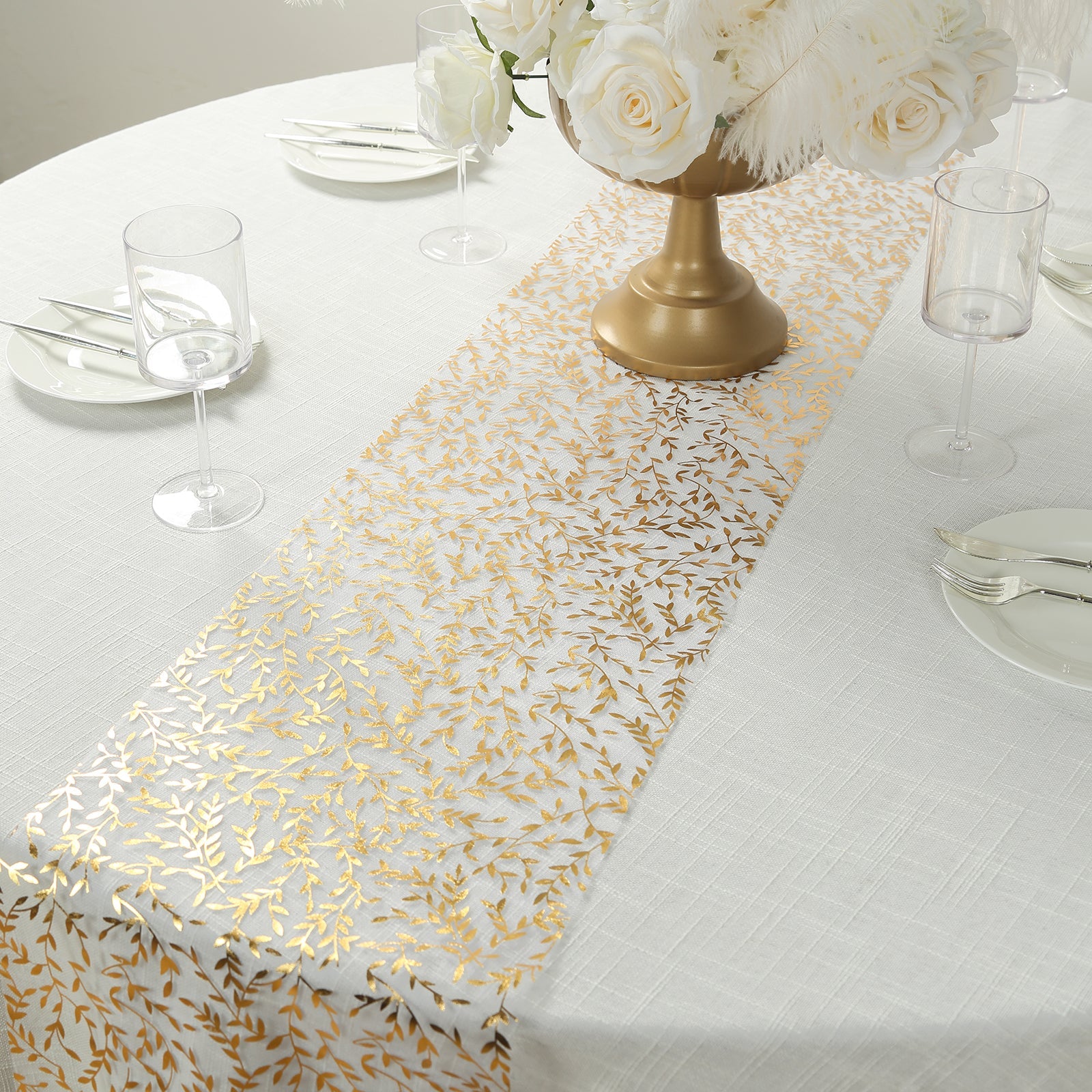 5 Pack Organza Mesh 11x108 Table Runner Rolls White with Gold Foil Leaf Vines - Disposable Stylish & Chic Table Decor