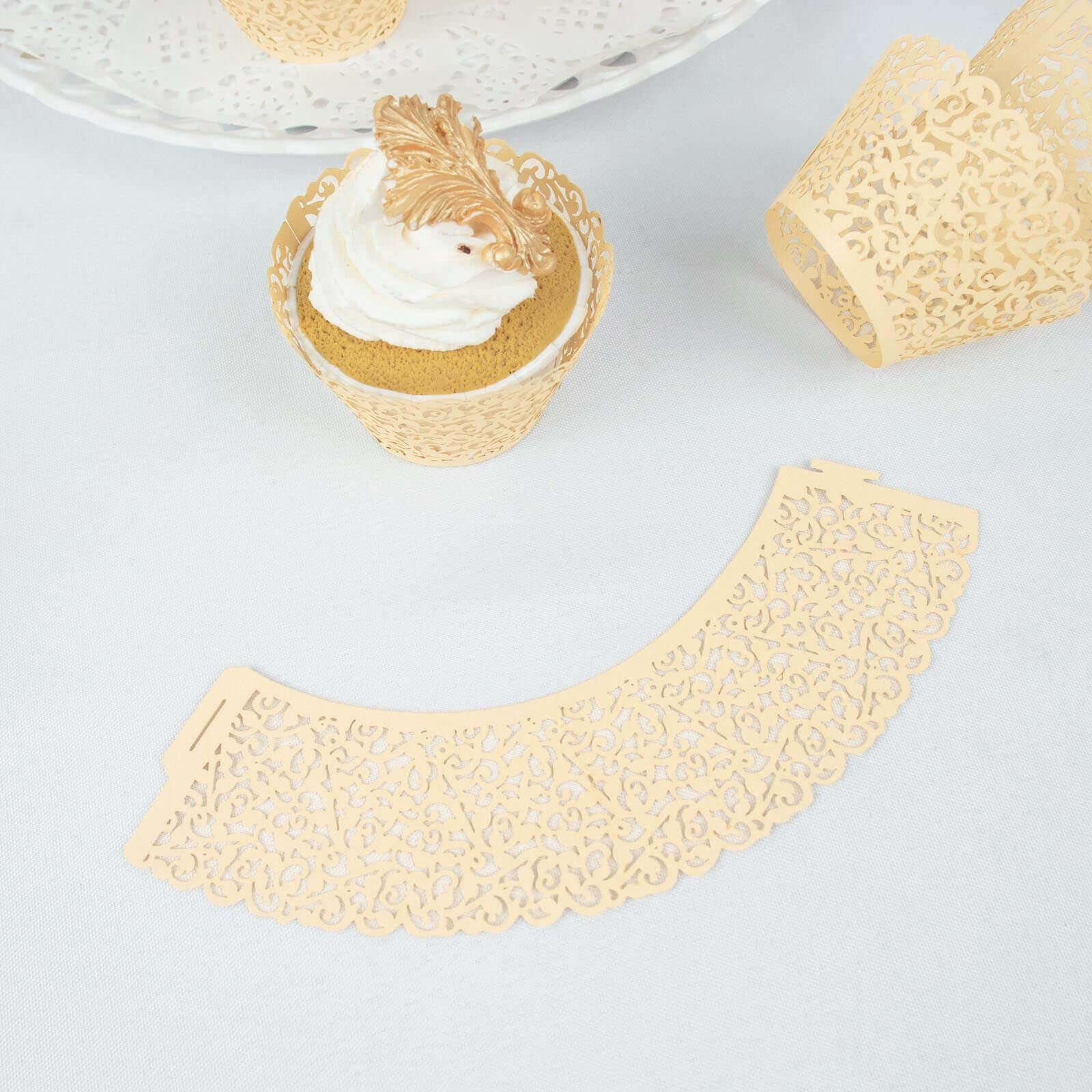 25-Pack Paper Cupcake Wrappers Lace Laser Cut Design Ivory - Muffin Baking Cup Trays for Events