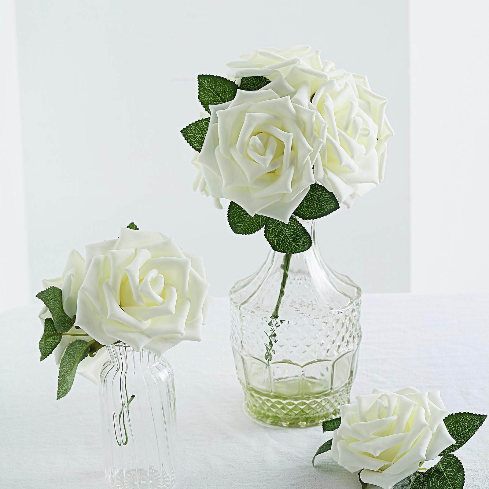 24 Roses 5 Ivory Artificial Foam Flowers With Stem Wire and Leaves