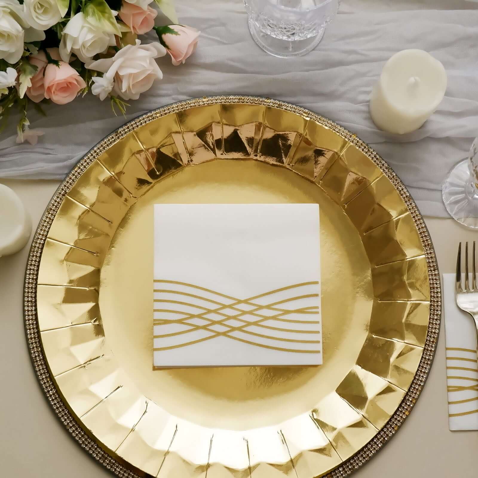 20 Pack Linen-Like Paper 5x5 Napkins White with Gold Foil Wave Design - Classy Disposable Airlaid Cocktail Napkins