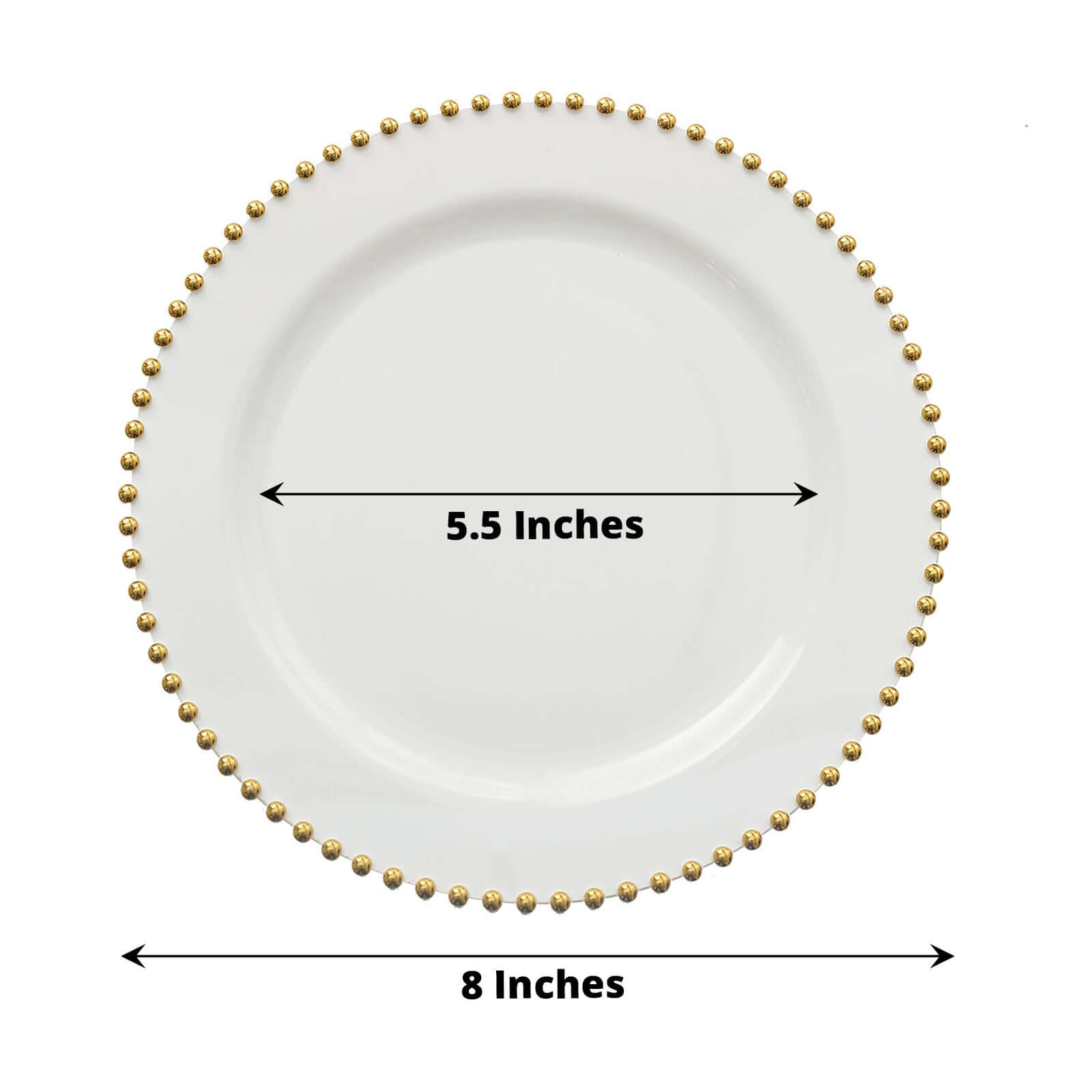 10-Pack Plastic 8 Round Appetizer Dessert Plates in White with Gold Beaded Rim - Disposable Salad Plates for Banquets & Festive Occasions