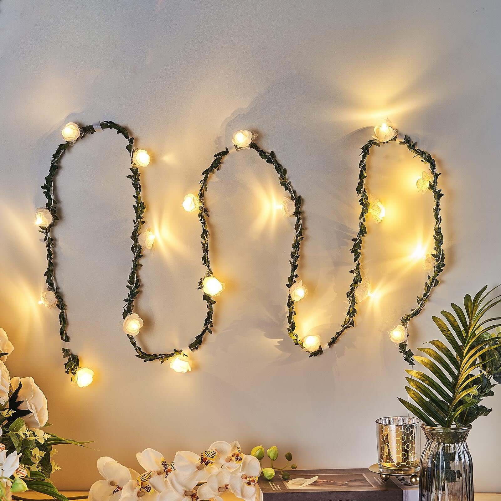 9ft Warm White 20 LED Artificial Rose Lace Flower Garland Vine Lights, Battery Operated String Lights