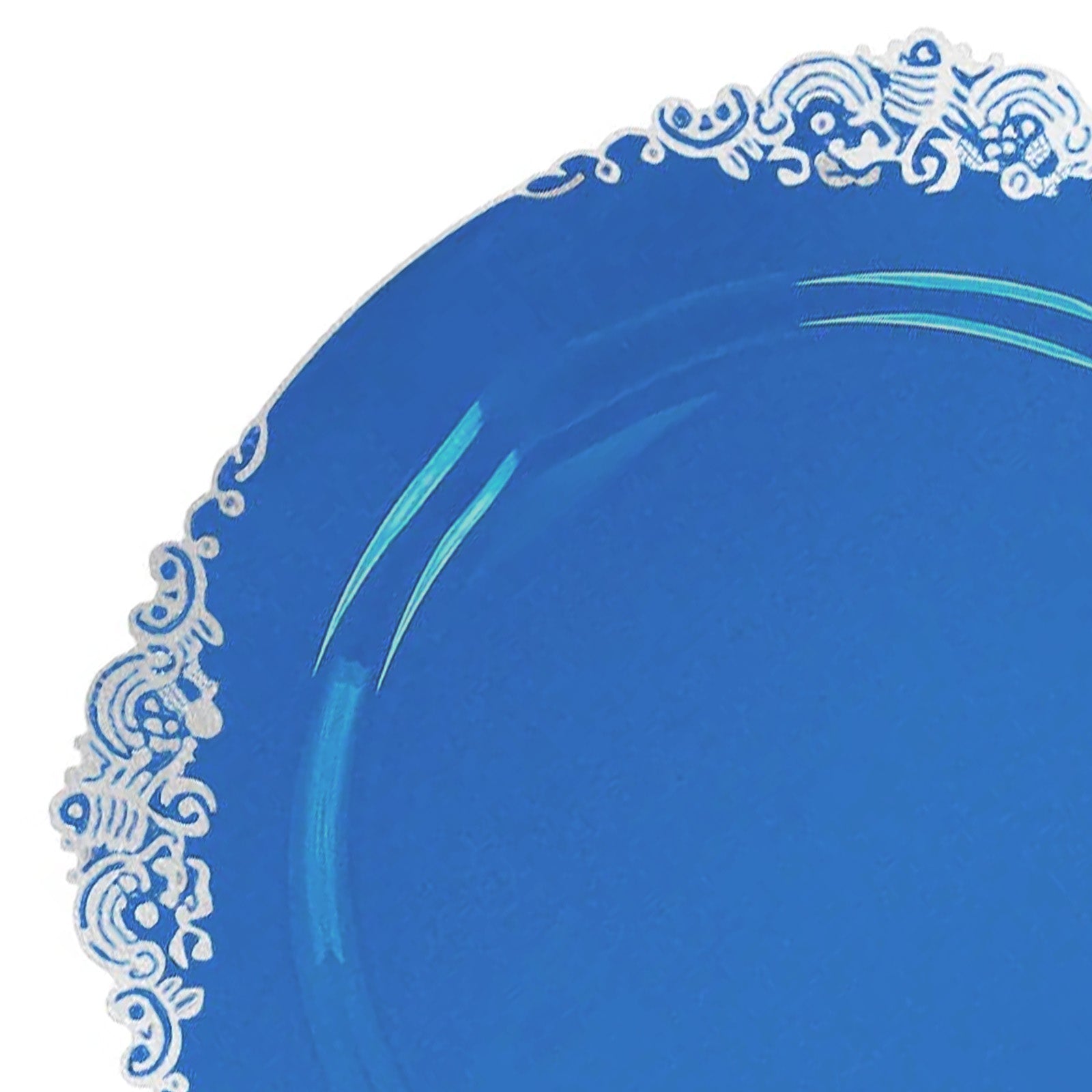 10-Pack Plastic 8 Round Dessert Plates in Transparent Navy Blue with Silver Leaf Embossed Rim - Disposable Vintage Baroque Style Salad Plates