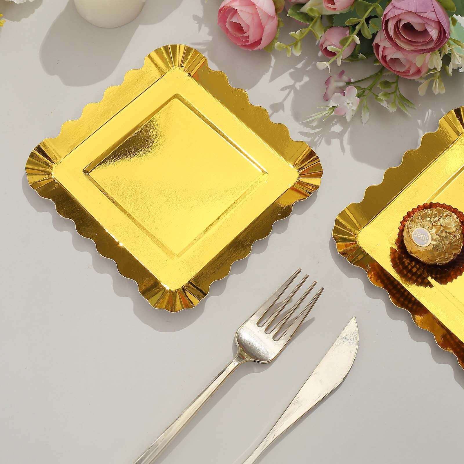 50-Pack Paper 5 Square Dessert Plates in Gold Foil with Scalloped Rim - Disposable Appetizer Plates for for Glam Gatherings & Special Occasions