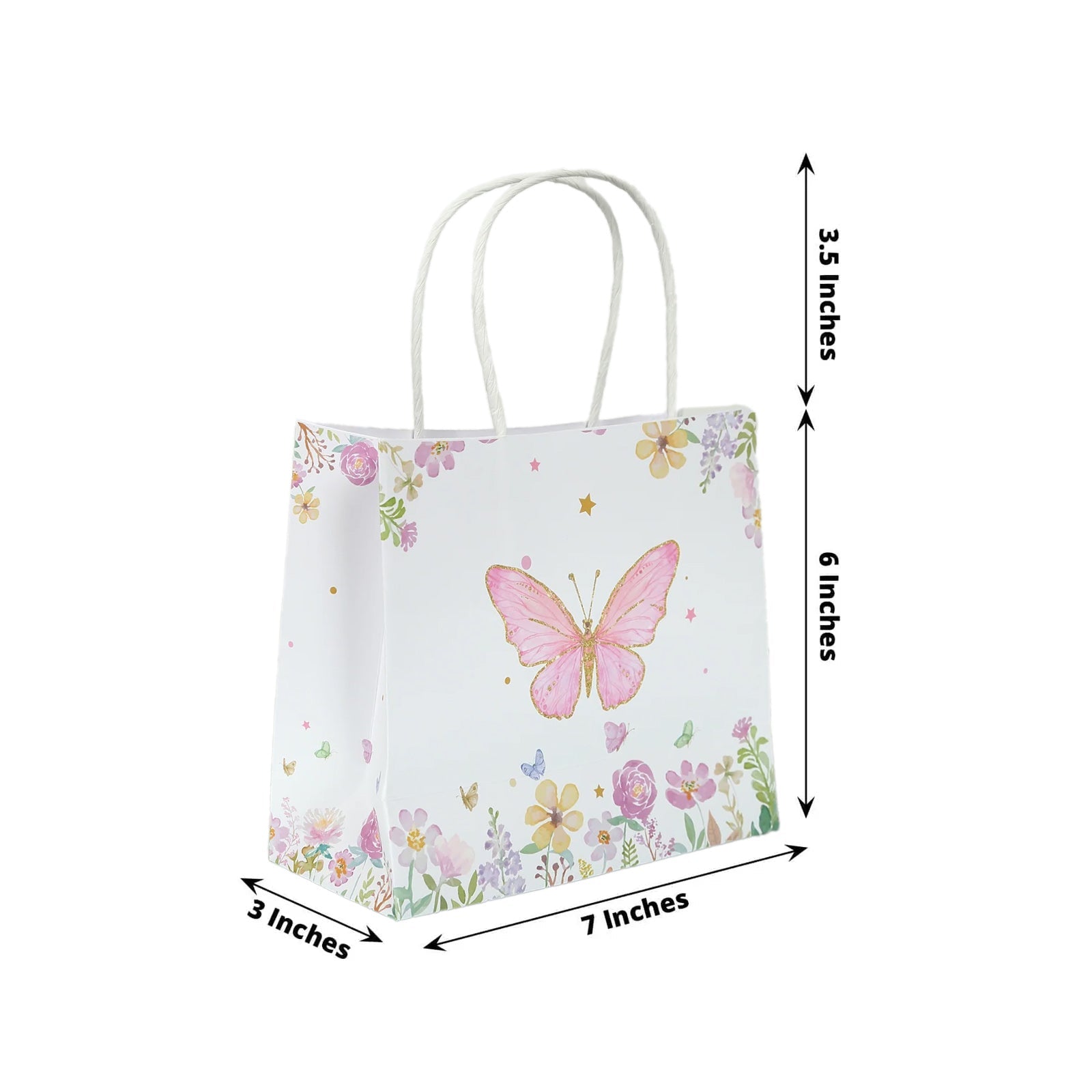 12 Pack Pink Glitter Butterfly Paper Favor Bags with Handles, Floral Print White Goodie Gift Bags - 6x7