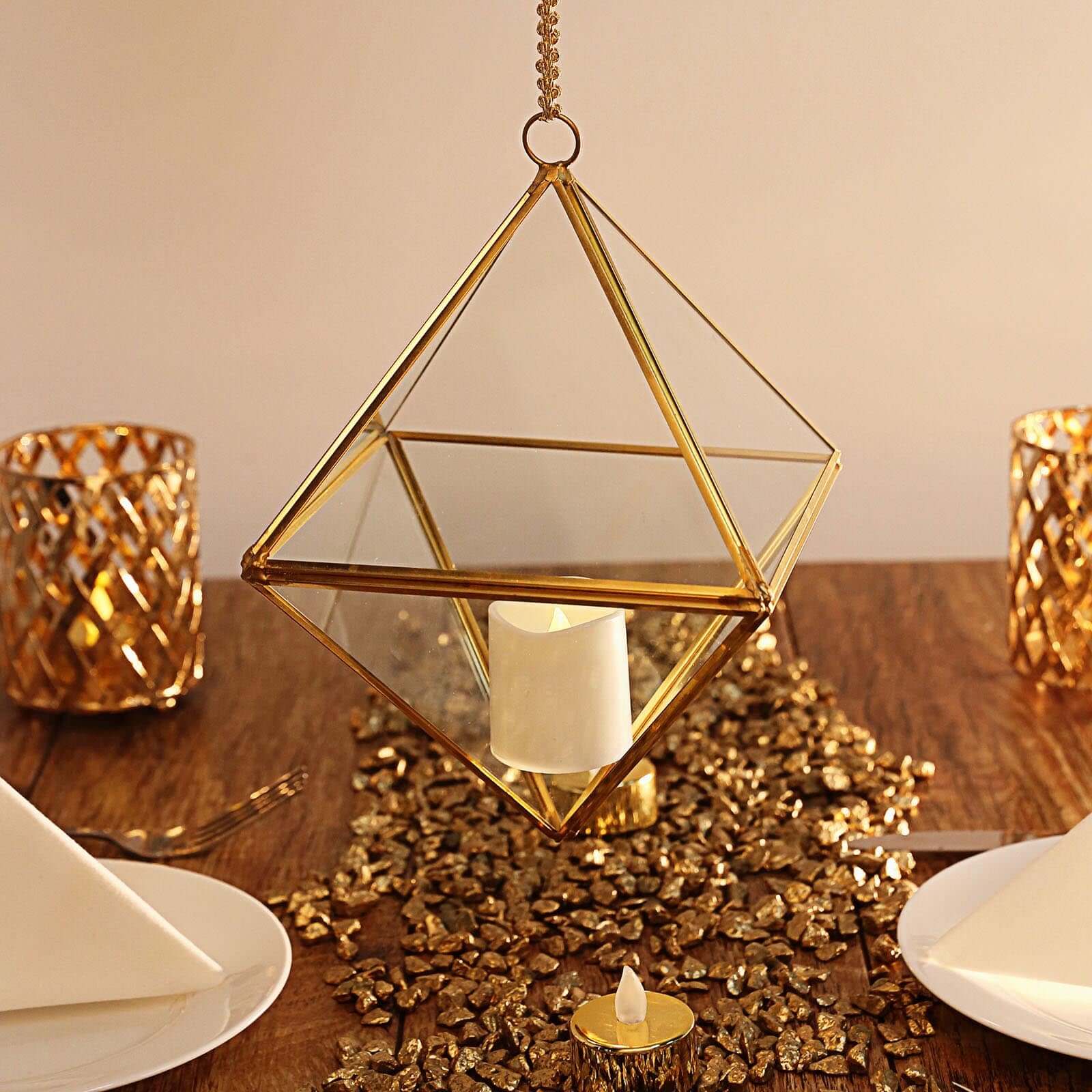 Glass Terrarium Hanging Diamond Prism Design Metal Gold - Geometric Holder for Air Plants & Displays 9