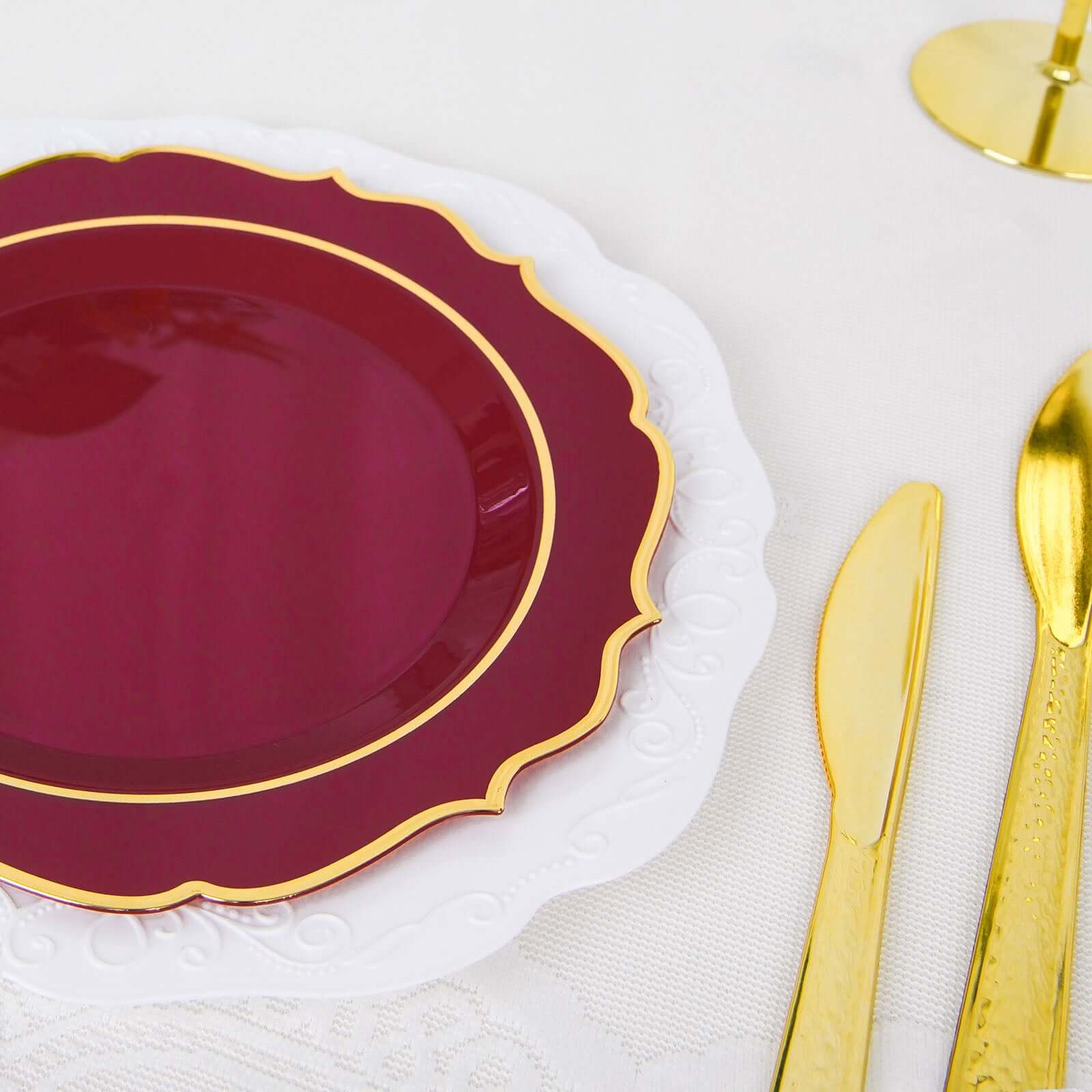 10-Pack Plastic 8 Round Desert Plates in Burgundy with Gold Scalloped Rim - Disposable Appetizer/Salad Plates