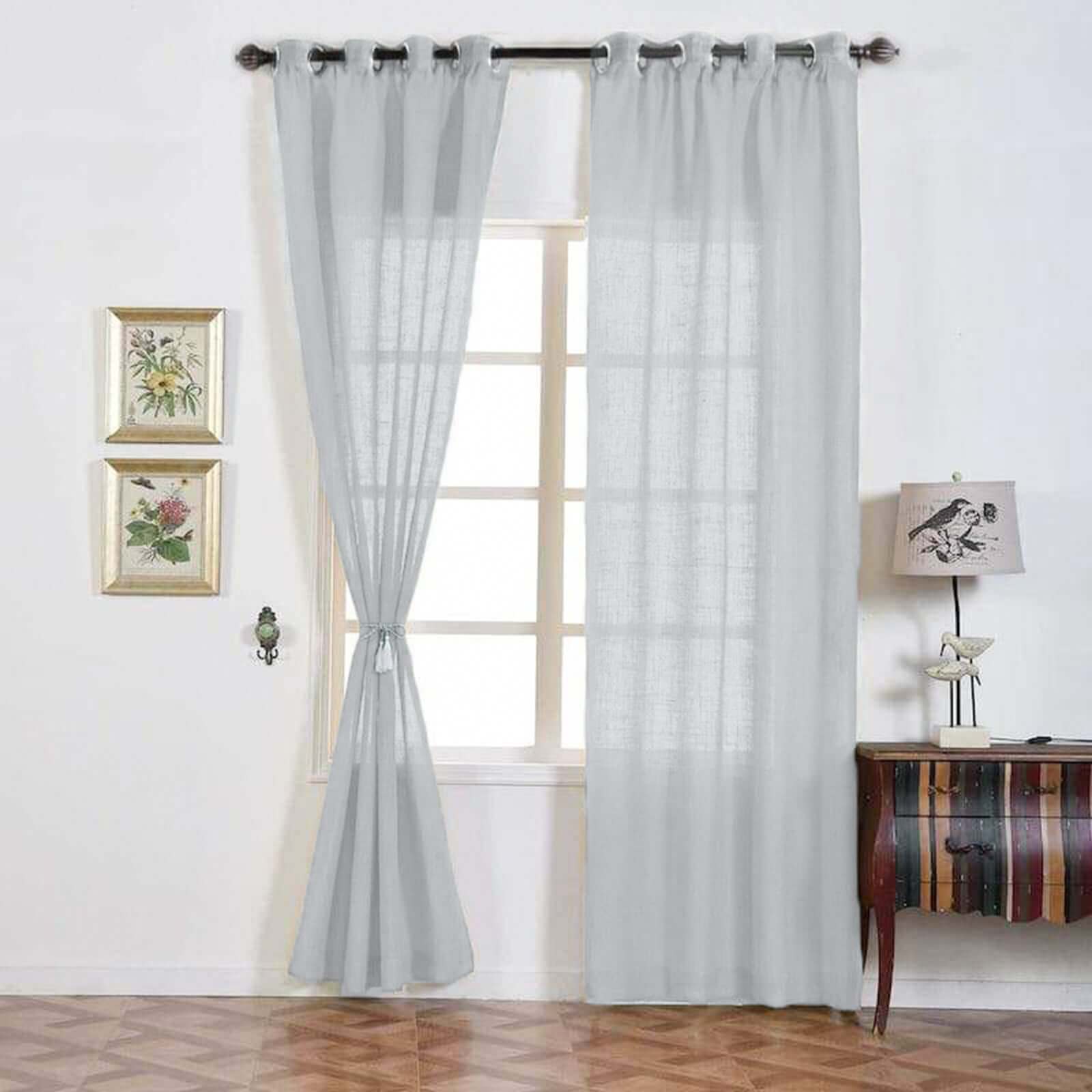 2 Pack Handmade Silver Faux Linen Curtains 52x96, Curtain Panels With Chrome Grommets