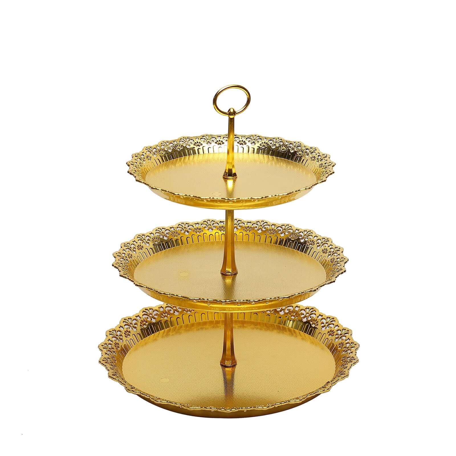 3-Tier Plastic Round Cupcake Stand 15 Metallic Gold with Lace Scalloped Edges - Multifunctional Space Saving Dessert Display Tower Pastry Serving Tray for Classy Events