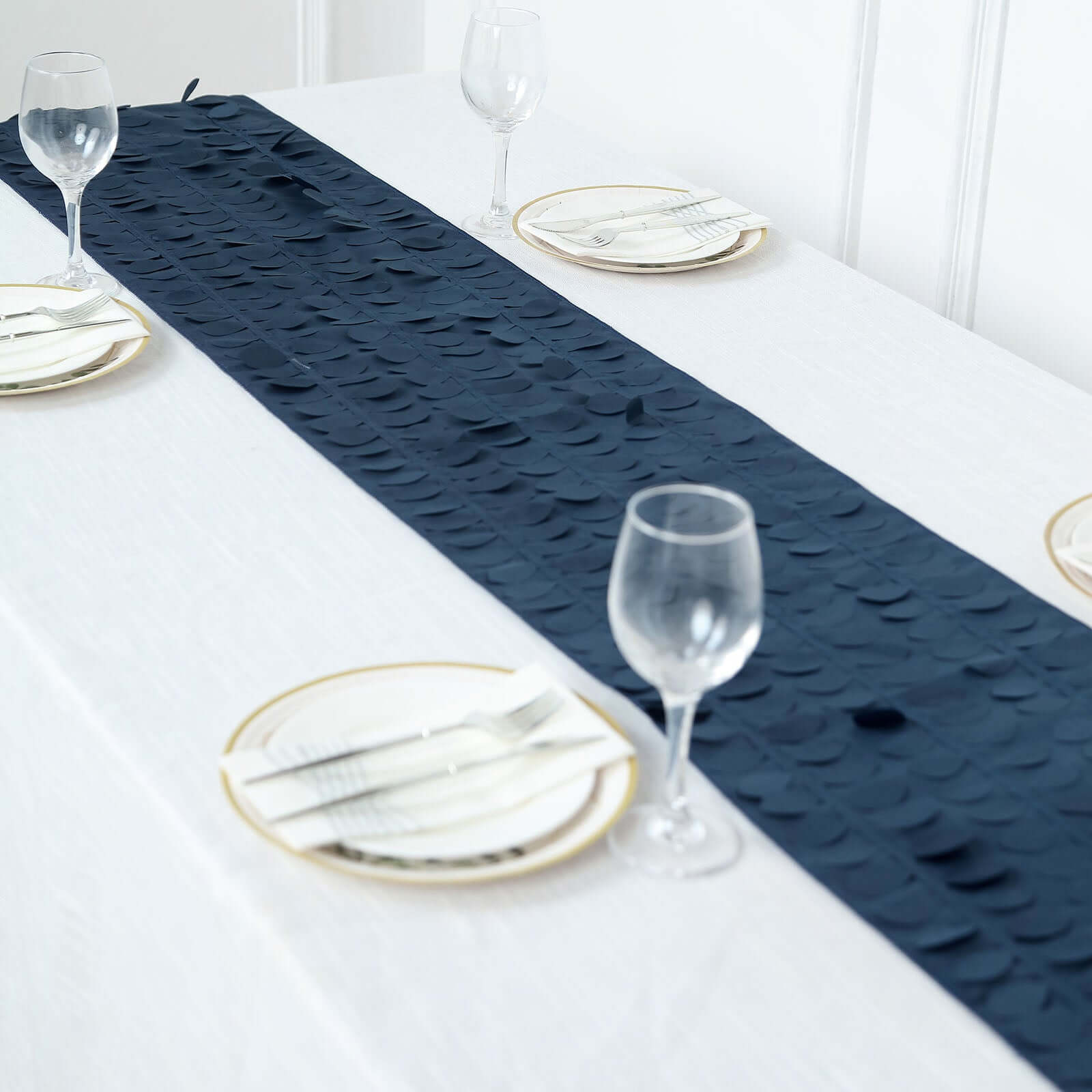 Taffeta Fabric 12x108 Table Runner Navy Blue - 3D Leaf Petal Design