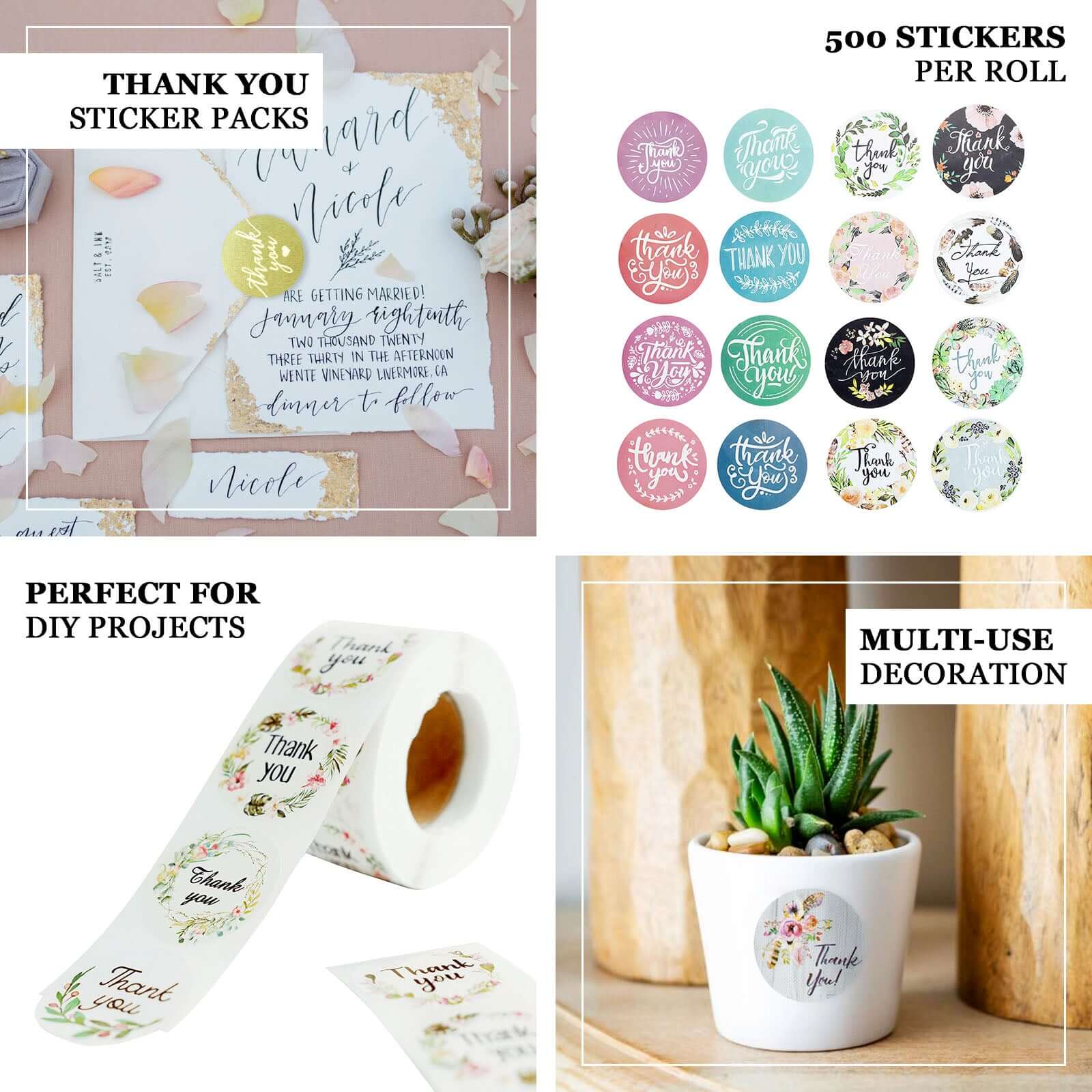 1000Pcs 1.5 Thank You Assorted Styles Sticker Rolls, Labels and Seals For DIY Envelope - Round