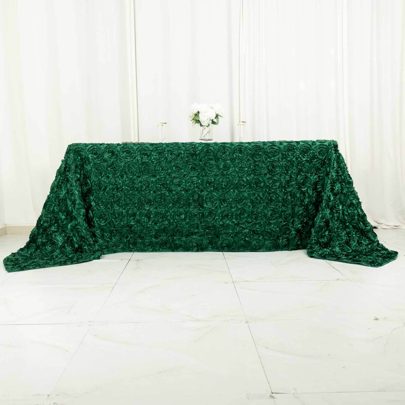 Satin 90x132 Rectangle Tablecloth Hunter Emerald Green - Grandiose 3D Rosette Seamless Table Cover