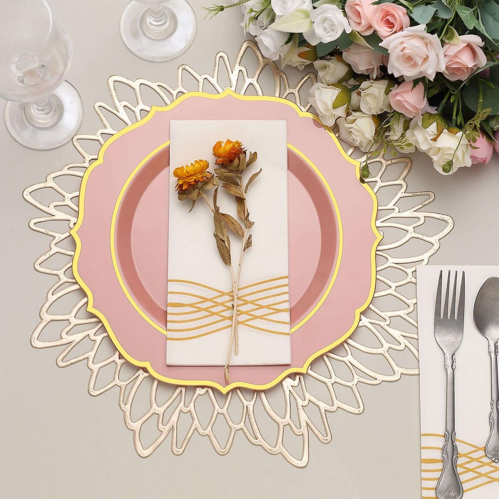 10-Pack Plastic 10 Round Dinner Plates in Dusty Rose with Gold Scalloped Rim - Disposable Party Plates