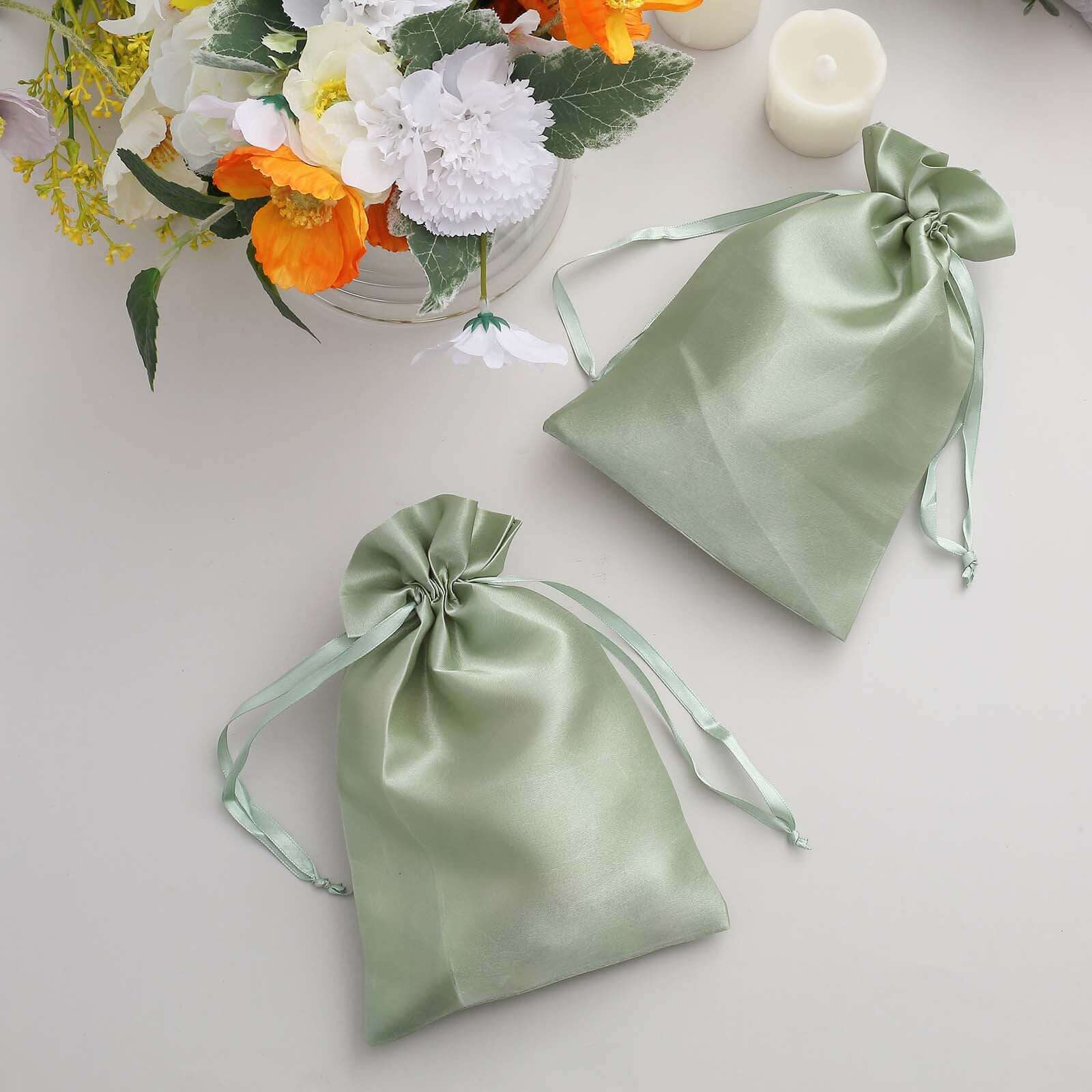 12 Pack 6x9 Sage Green Satin Wedding Party Favor Bags, Drawstring Pouch Gift Bags