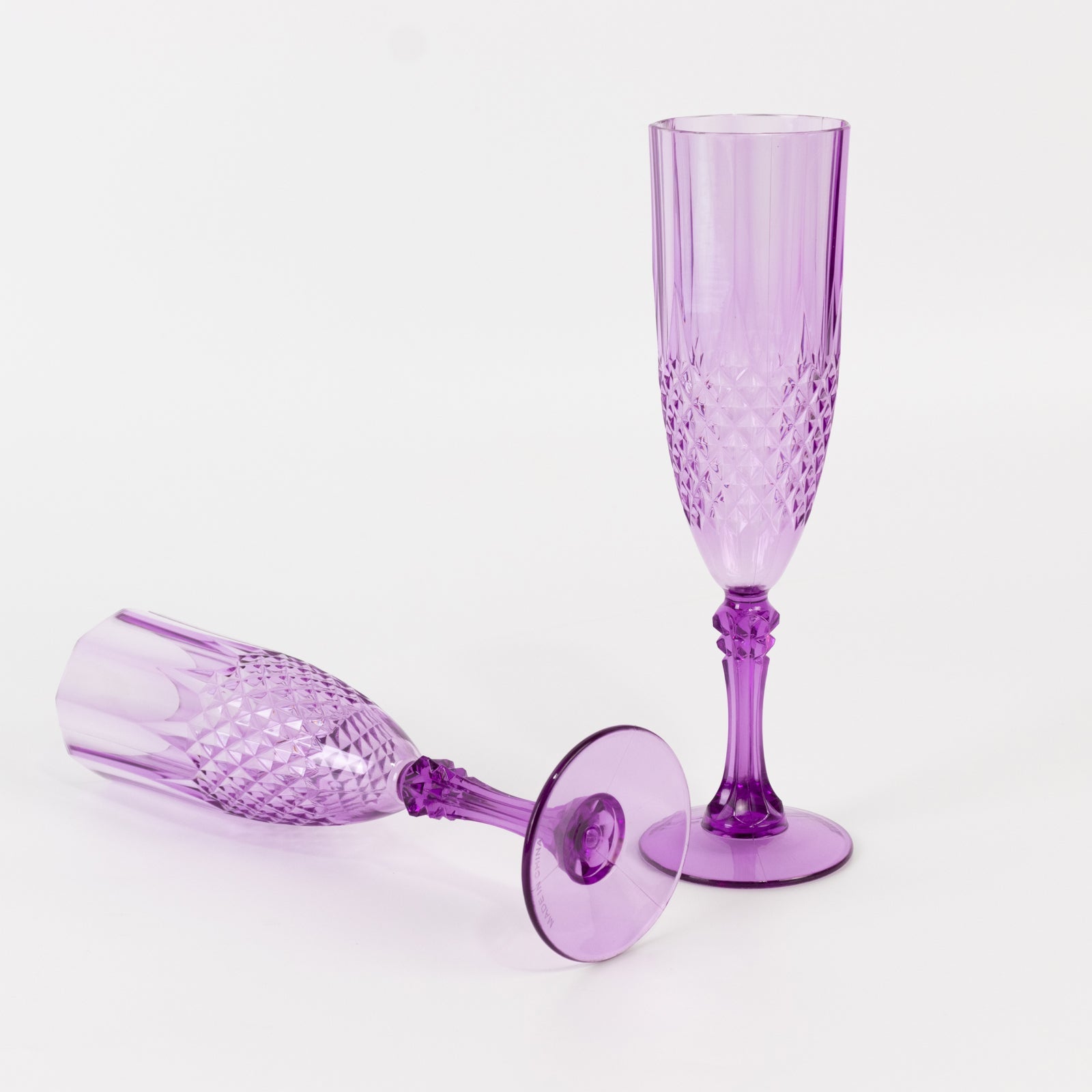 6-Pack Plastic Wedding Toast Flutes Purple Transparent Crystal Cut Style - Reusable Champagne Glasses 8oz