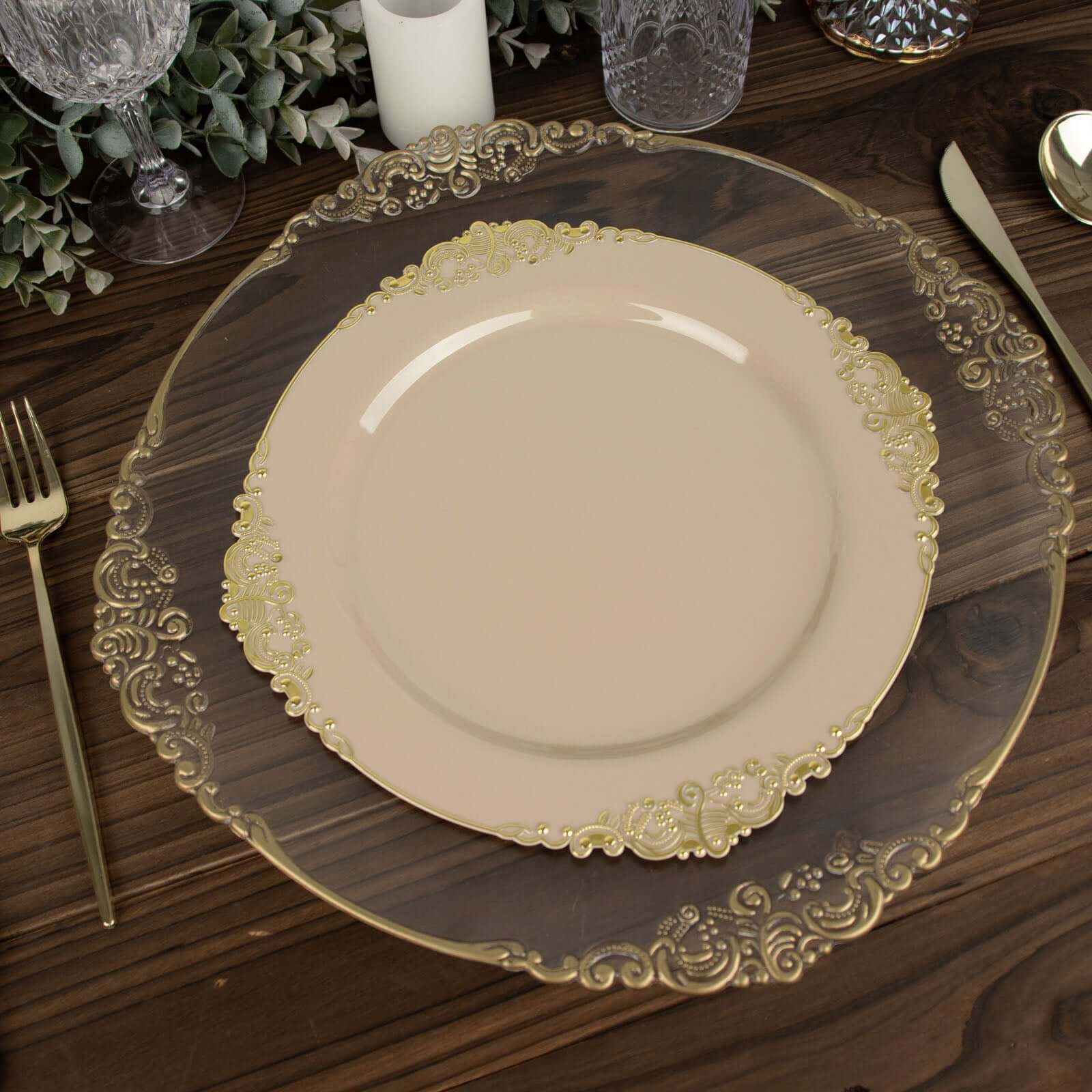 10-Pack Plastic 10 Round Dinner Plates in Taupe with Gold Leaf Embossed Rim - Disposable Vintage Baroque Style Plates