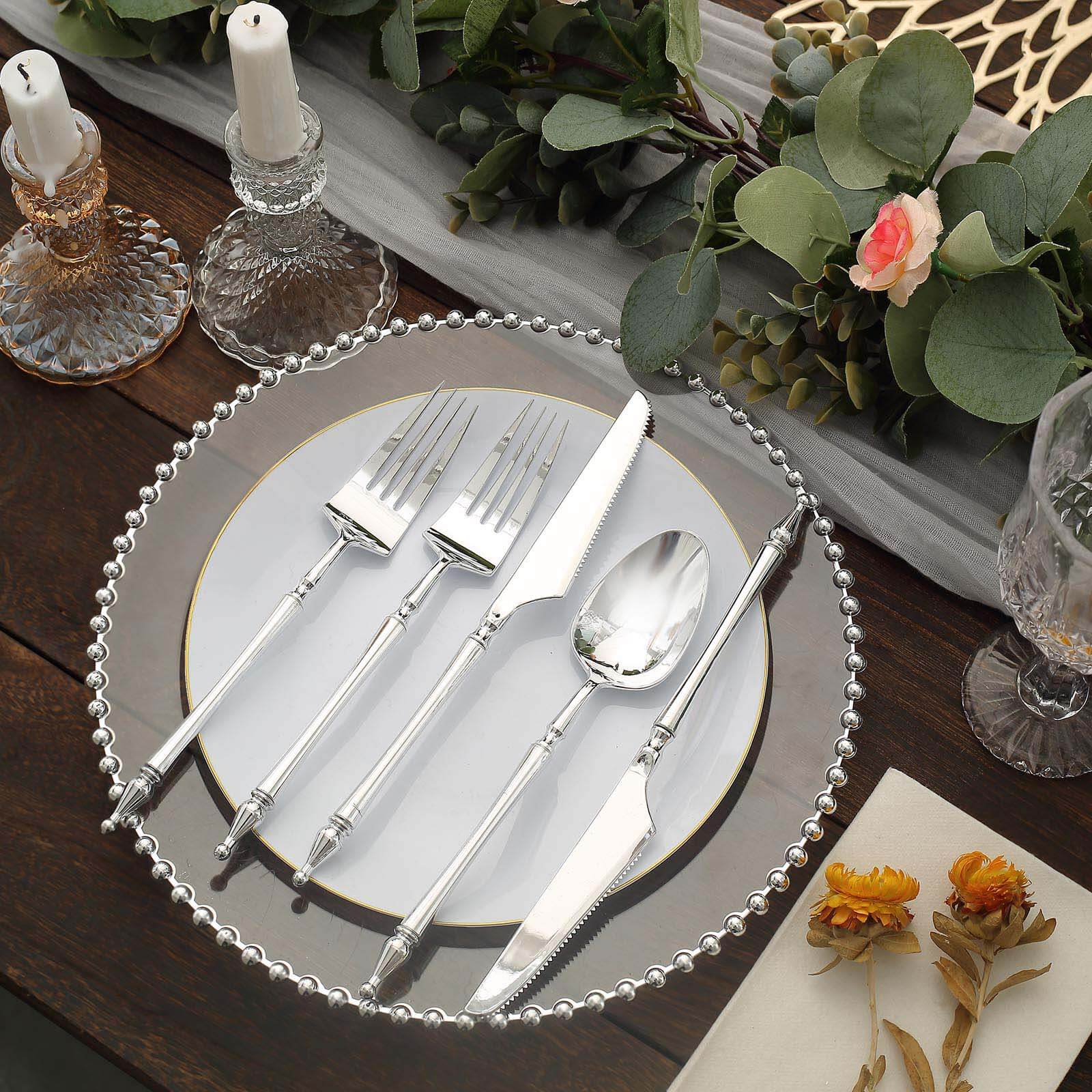 24-Pack Plastic Utensil Set with Roman Column Handle Silver - Disposable Silverware