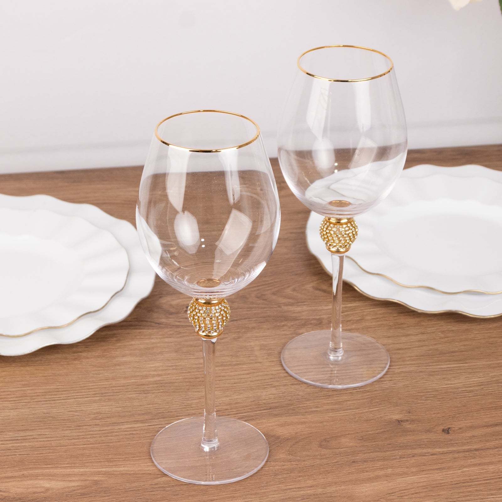 Set of 6 Wine Goblet Glasses Clear Gold Rimmed Design with Rhinestone Studded Stem - Handblown Vintage Crystal Glasses for Cocktails 16oz 10