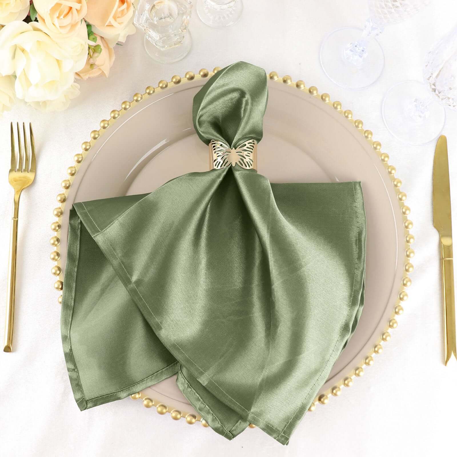 5 Pack Satin 20x20 Napkins Dusty Sage Green - Luxurious Shine & Smooth Dinner Napkins