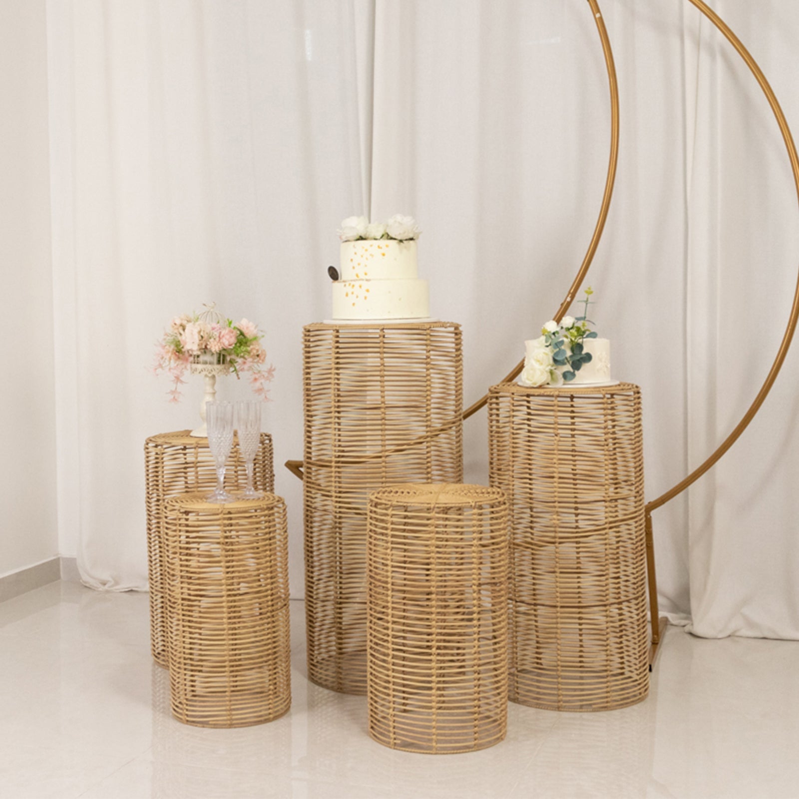 Set of 5 Natural Woven Rattan Wicker Pedestal Stands, Boho Chic Side Table Cylinder Cake Dessert Plant Display Stands - 20,21,24,29,36