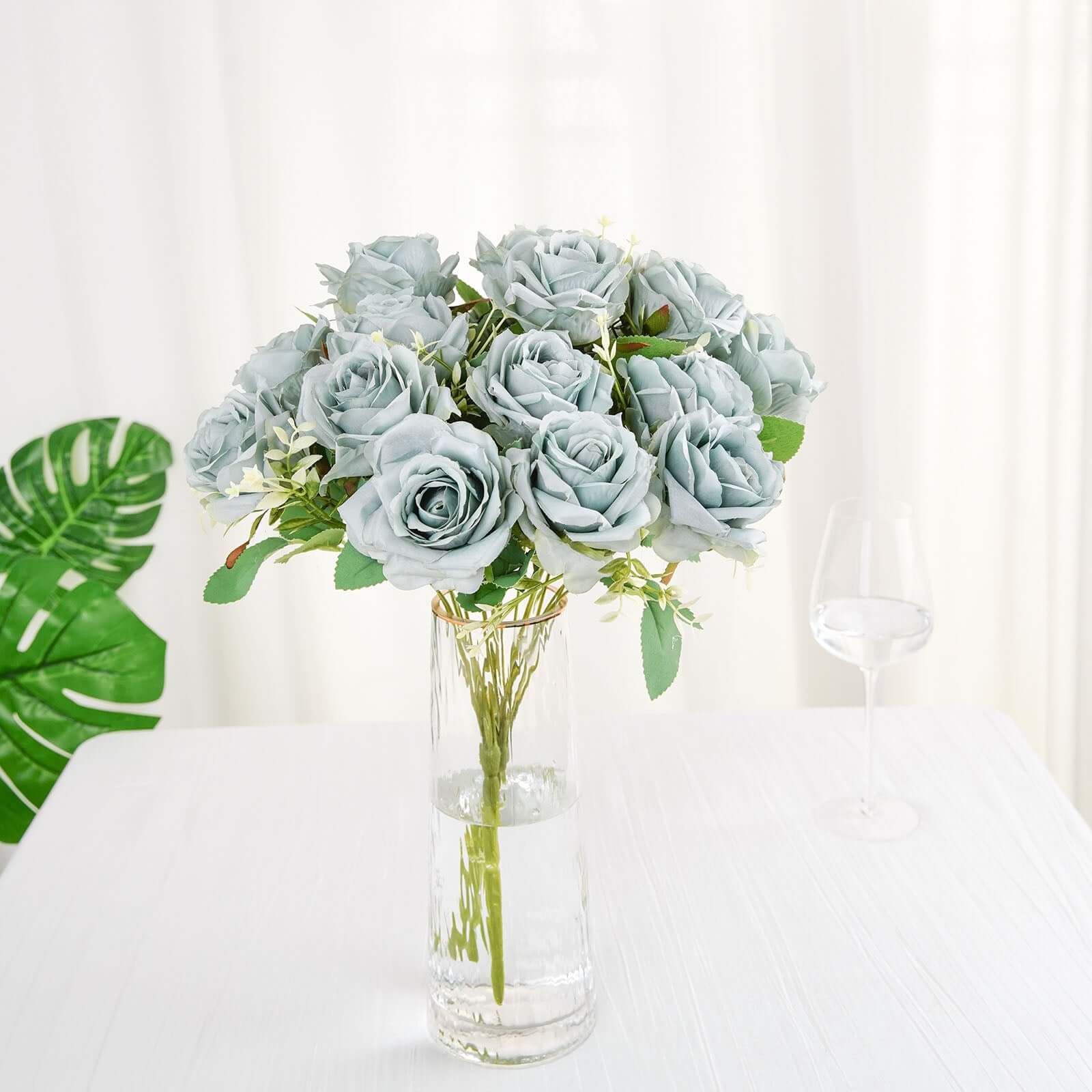 2 Bushes 18 Real Touch Dusty Blue Artificial Rose Flower Bouquet, Silk Long Stem Flower Arrangements