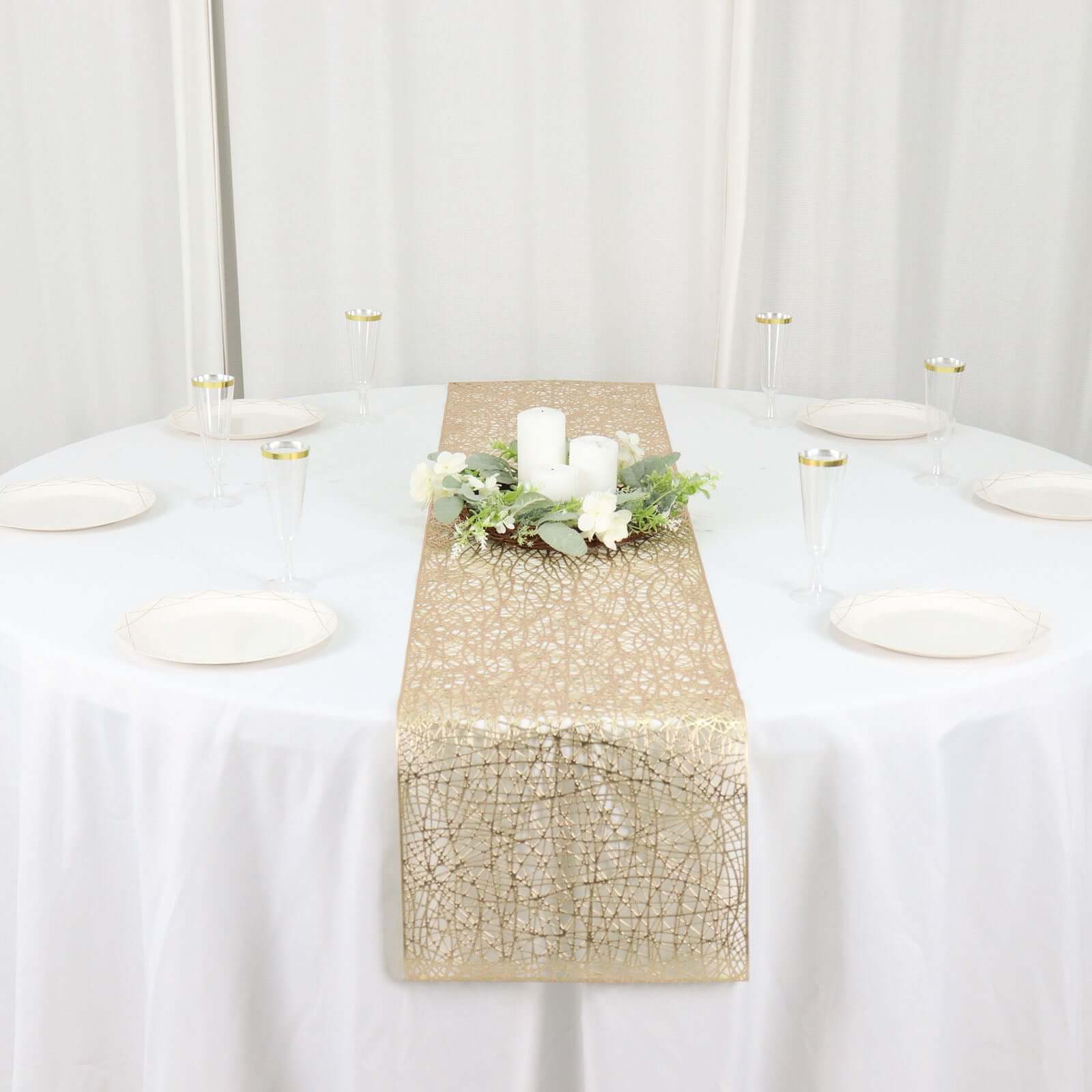 Plastic Woven Vinyl 13x6ft Table Runner Metallic Gold - Non-Slip & Reversible Tabletop Decor