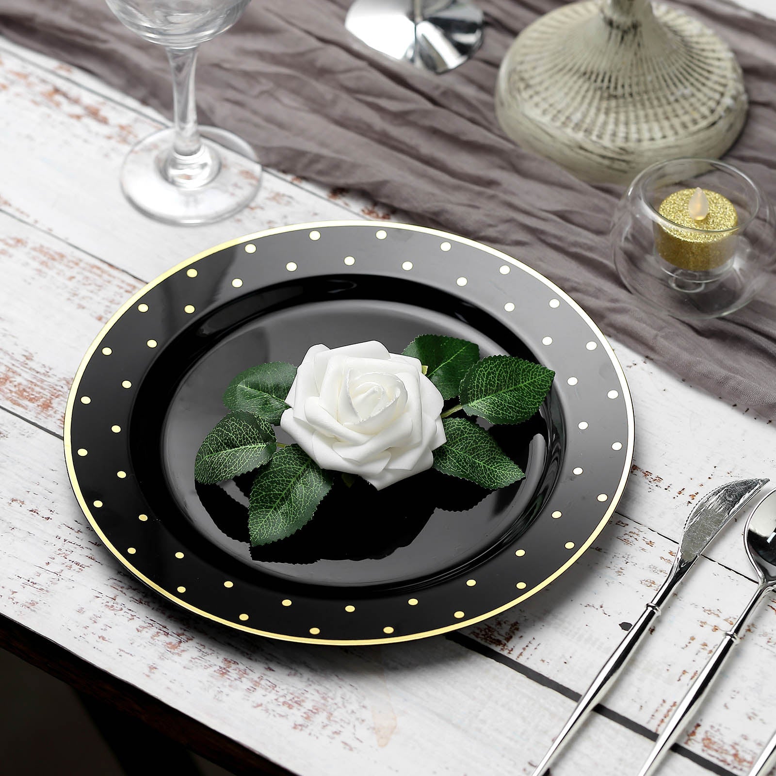 10 Pack 10 Black With Gold Dot Rim Plastic Dinner Plates, Round Disposable Tableware Plates