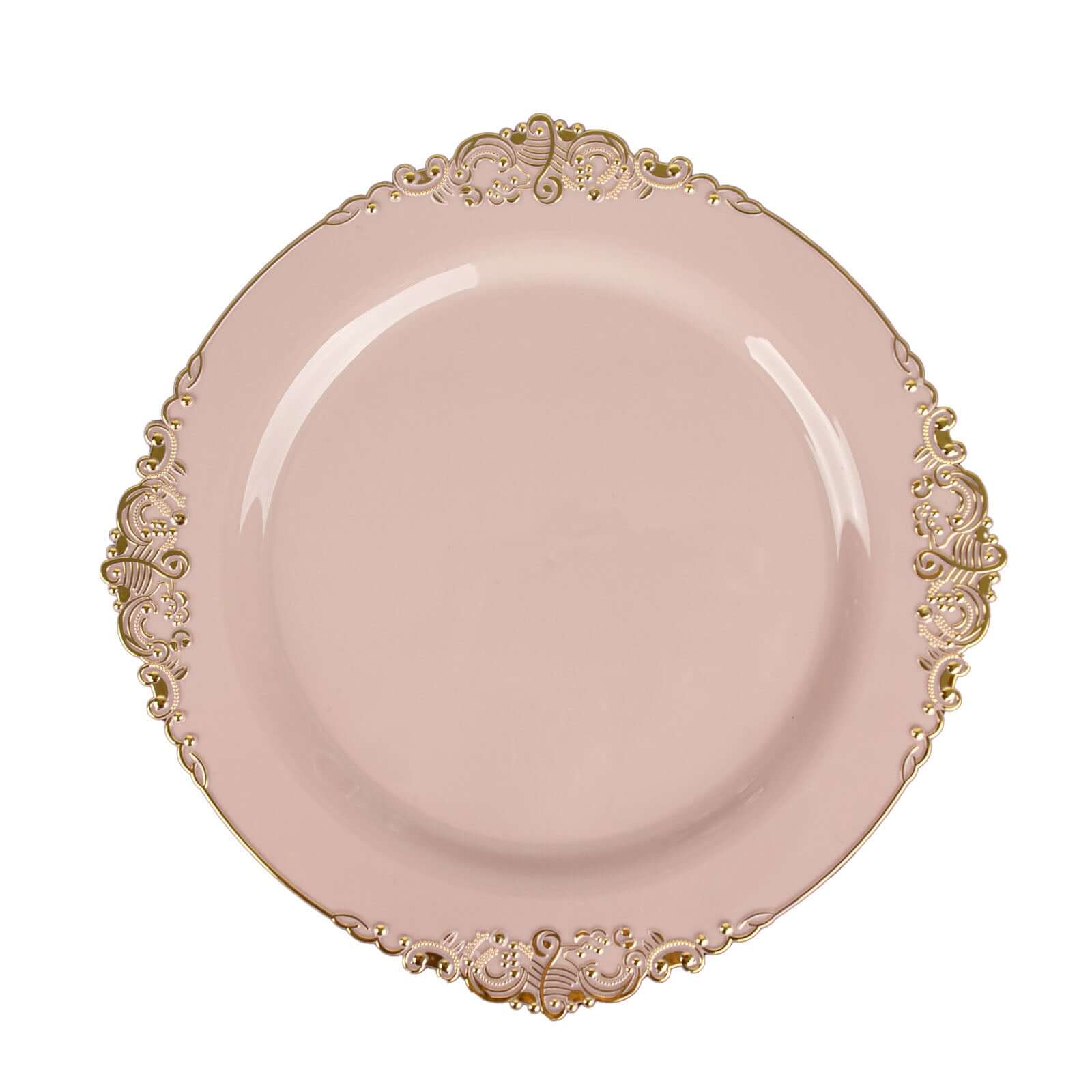 10-Pack Plastic 10 Round Dinner Plates in Blush with Gold Leaf Embossed Rim - Disposable Vintage Baroque Style Plates