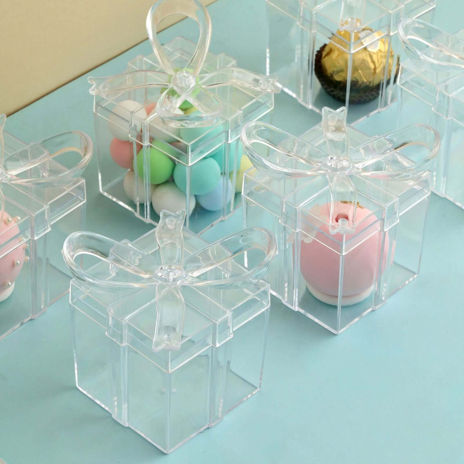 12 Pack 3 Square Clear Bow Top Plastic Party Favor Boxes, Transparent Candy Container Gift Boxes