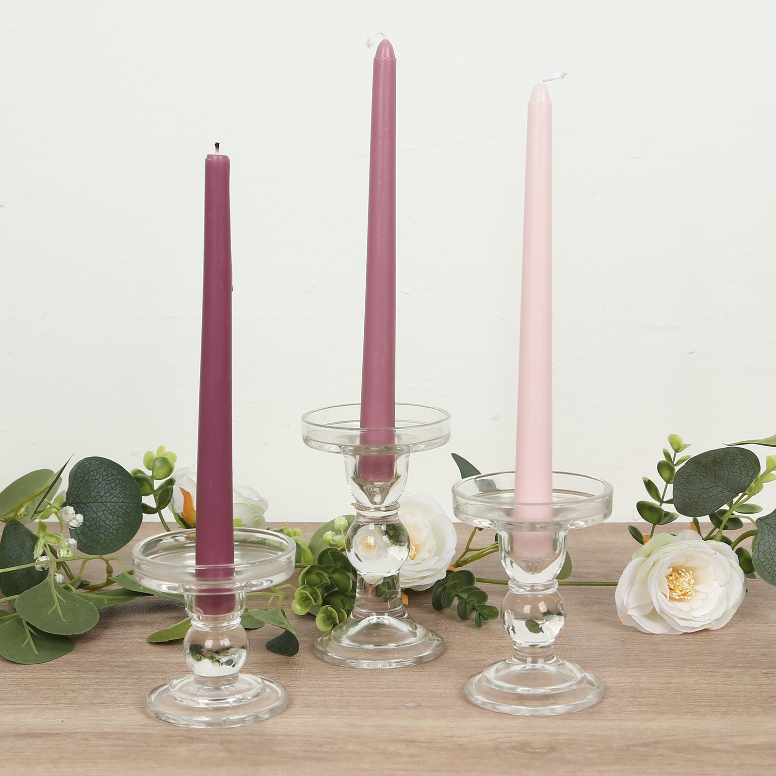 Set of 3 Glass Pillar Candle Holders Clear with Round Tray - Crystal Ball Stem Taper Candlestick Tea Light Stands 3.5, 4.5, 5.5