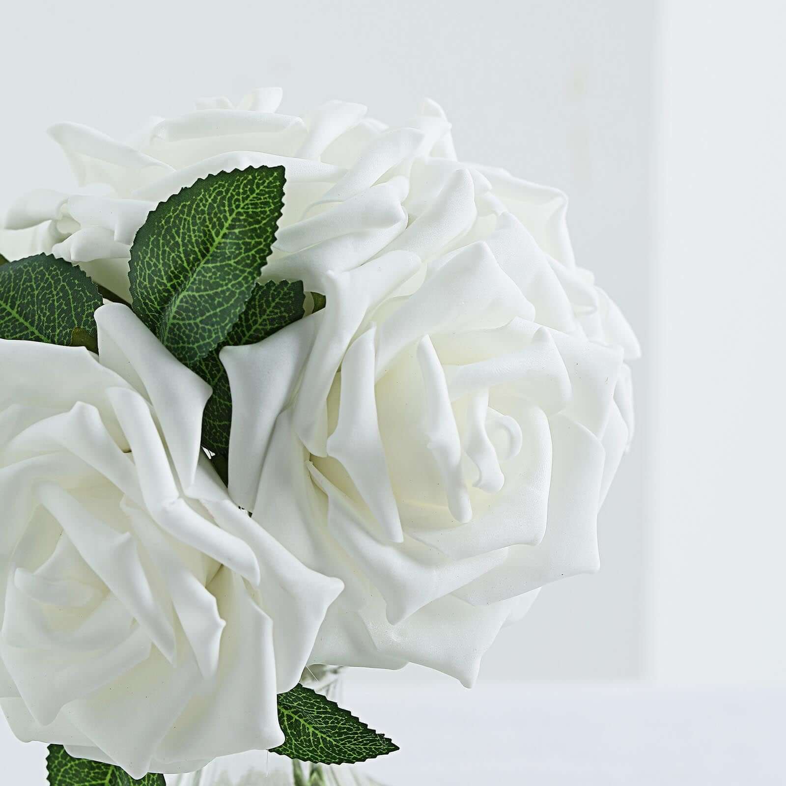 24 Roses 5 White Artificial Foam Flowers With Stem Wire and Leaves