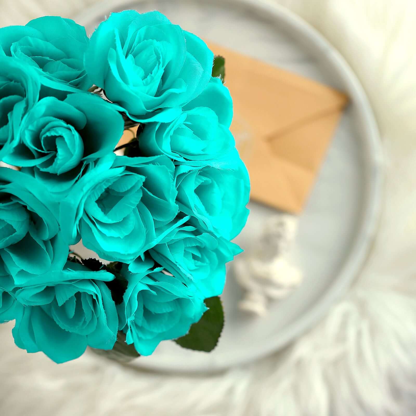 12 Turquoise Artificial Velvet-Like Fabric Rose Flower Bouquet Bush