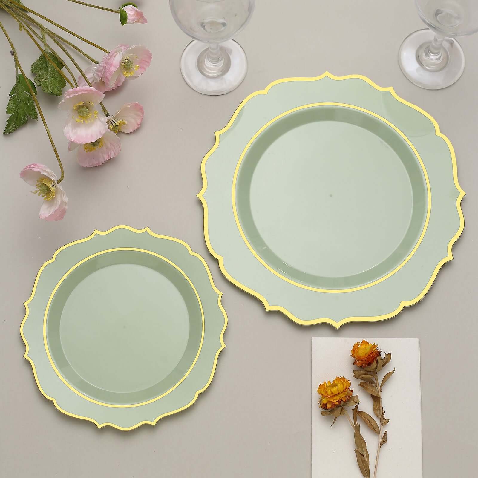 10-Pack Plastic 10 Round Dinner Plates in Sage Green with Gold Scalloped Rim - Disposable Party Plates