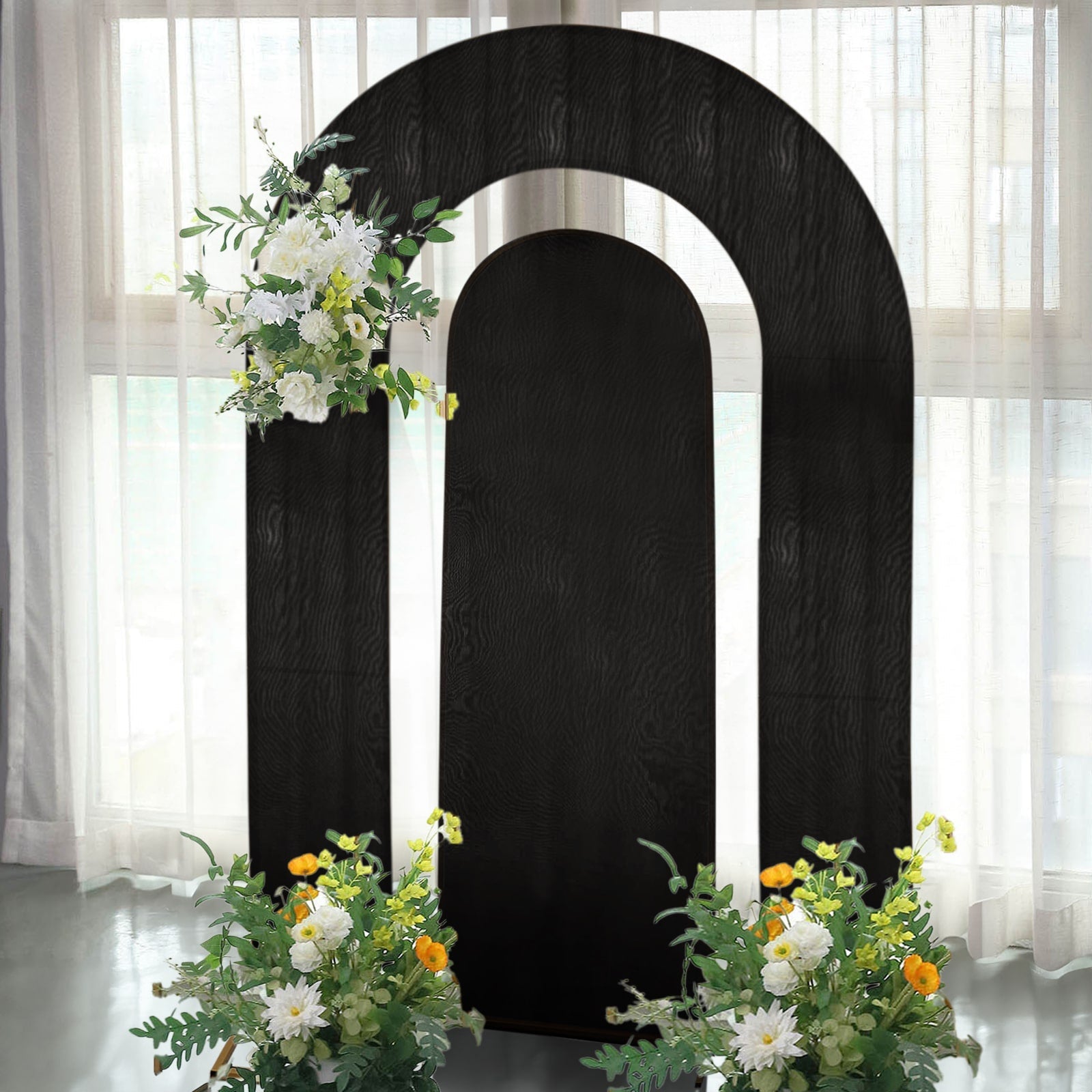 Set of 2 Black Spandex Fitted Wedding Arch Covers for Round Top and Double Arch Chiara Backdrop Stands - 6ft,8ft