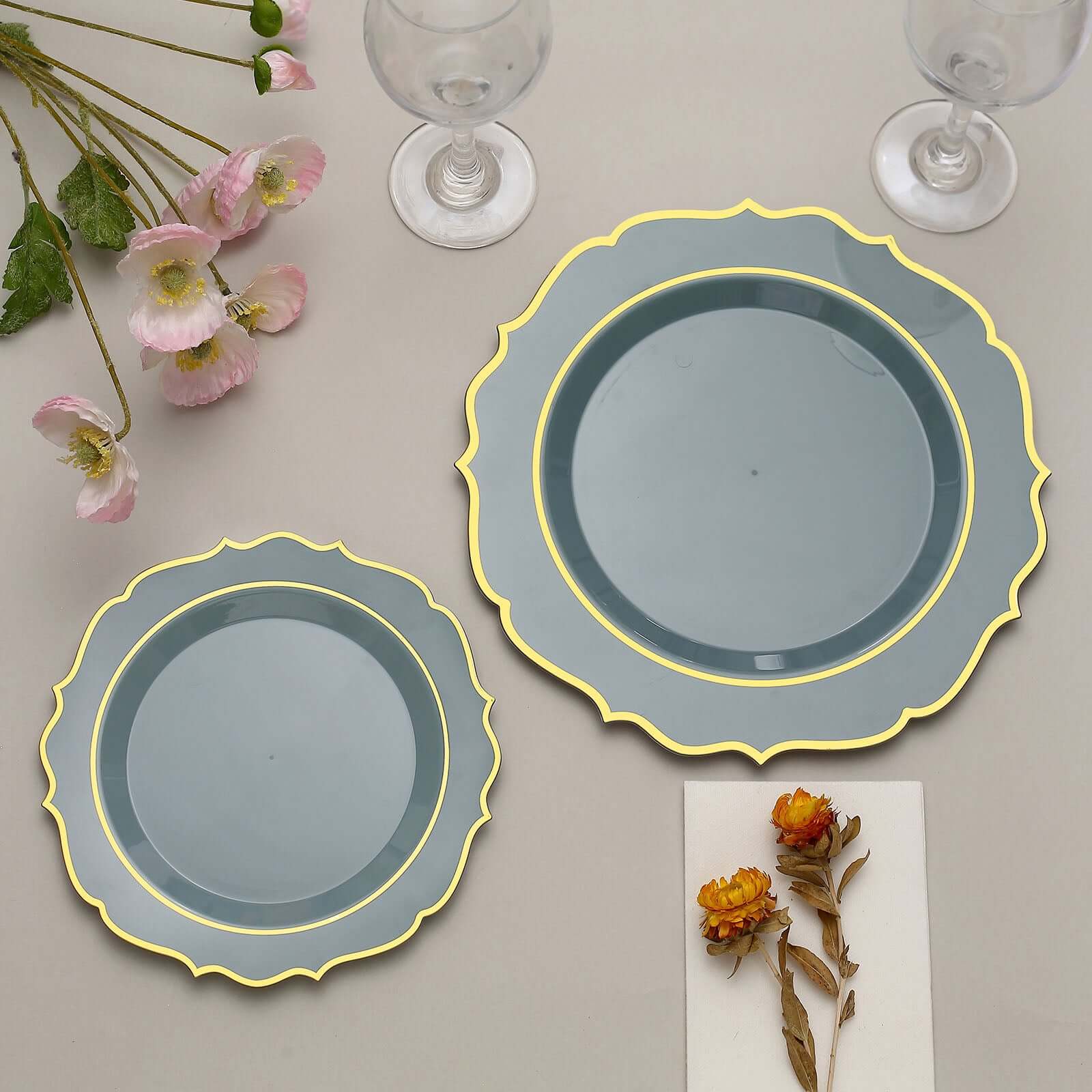 10-Pack Plastic 8 Round Desert Plates in Dusty Blue with Gold Scalloped Rim - Disposable Appetizer/Salad Plates