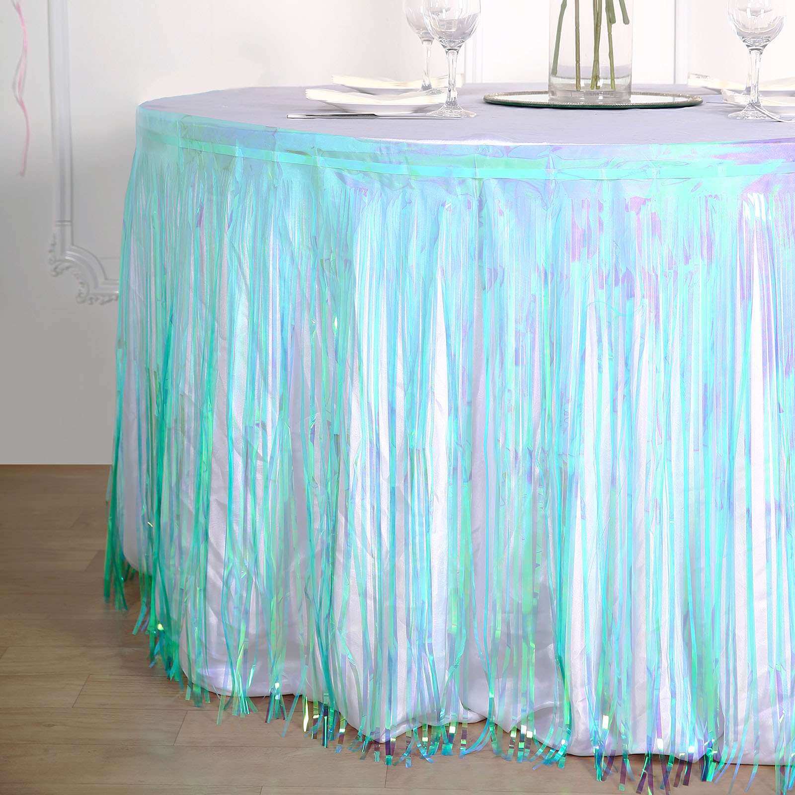 Metallic Foil Fringe Table Skirt Iridescent Blue with Self Adhesive Backing - Durable Tinsel Skirt for Parties 30x9ft