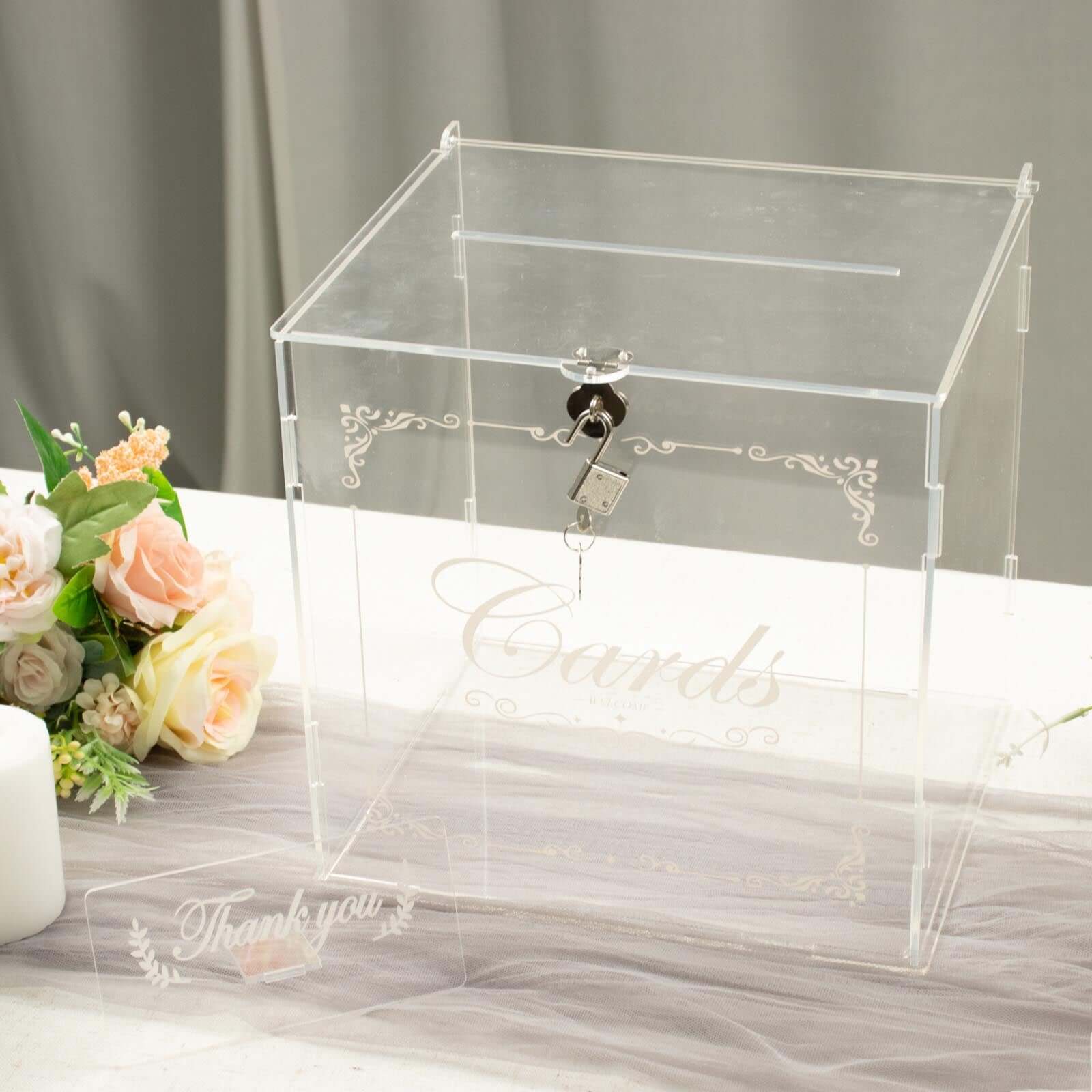 Clear Acrylic Wedding Card Box With Lock, Key & Thank You Sign Stand, Reception Party Money Gift Card Box