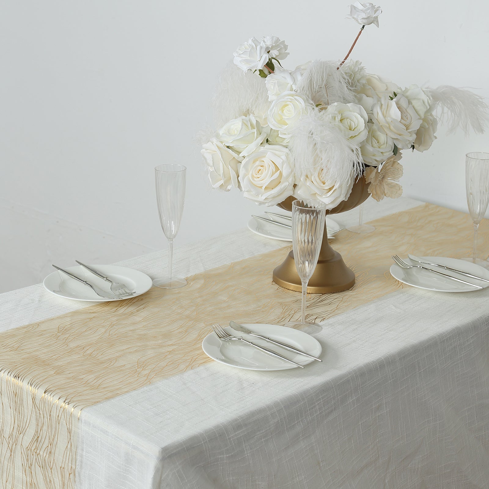 5 Pack Organza 12x108 Table Runners Gold - Gold Wave Design