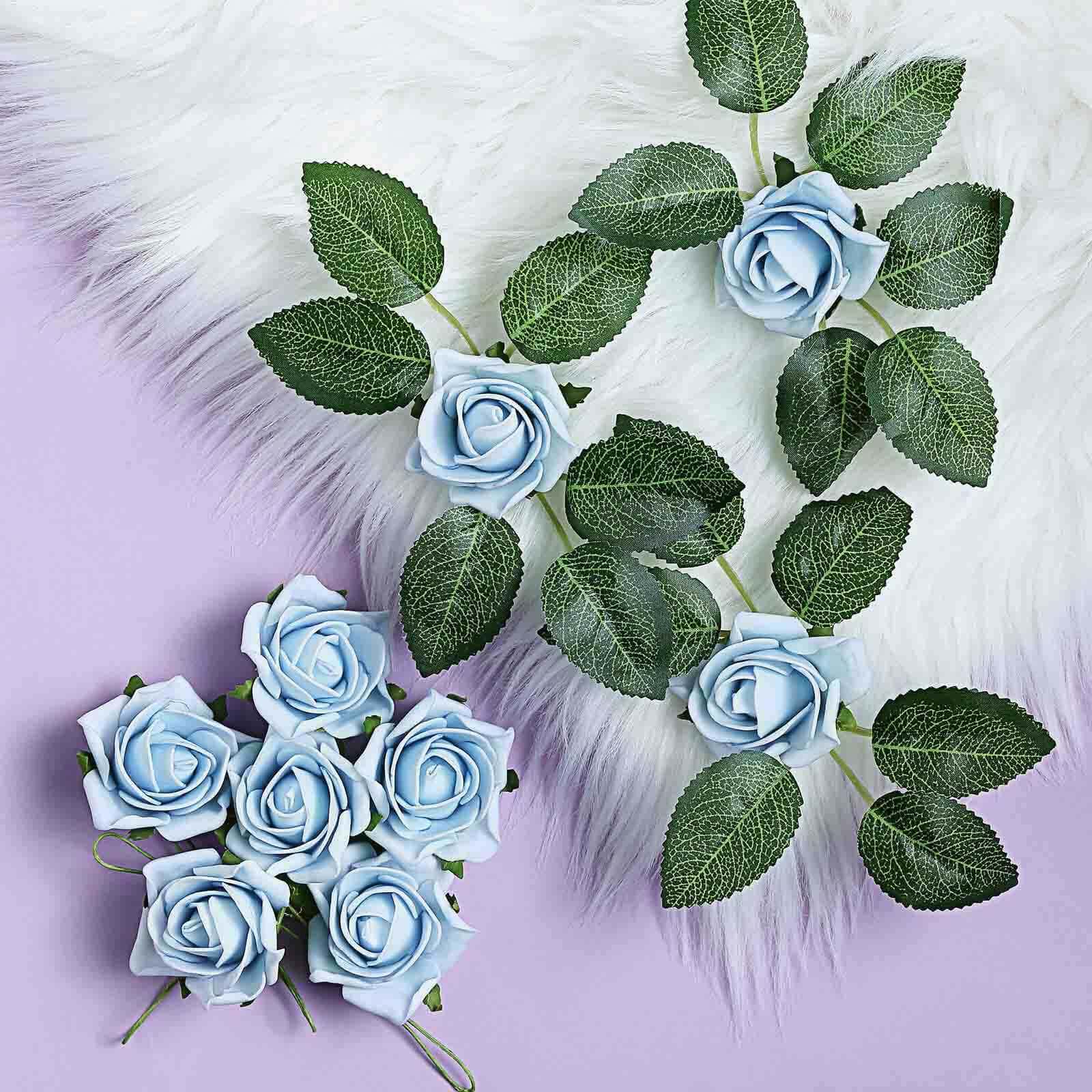 24 Roses 2 Dusty Blue Artificial Foam Flowers With Stem Wire and Leaves