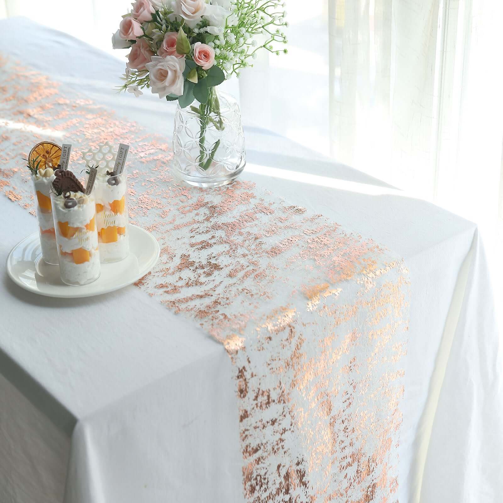 Mesh Polyester 108 Table Runner Roll Metallic Rose Gold - Distressed Foil Look Disposable Table Decor