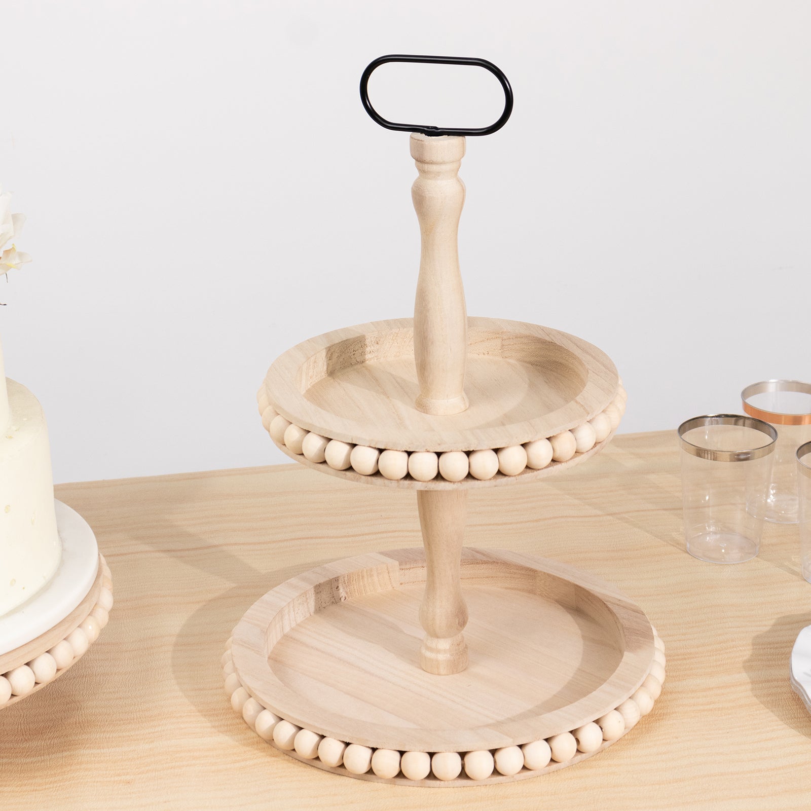 2-Tier Wooden Serving Tray Stand Beaded Design with Metal Handle Natural - Round Rustic Farmhouse Cupcake Display 17