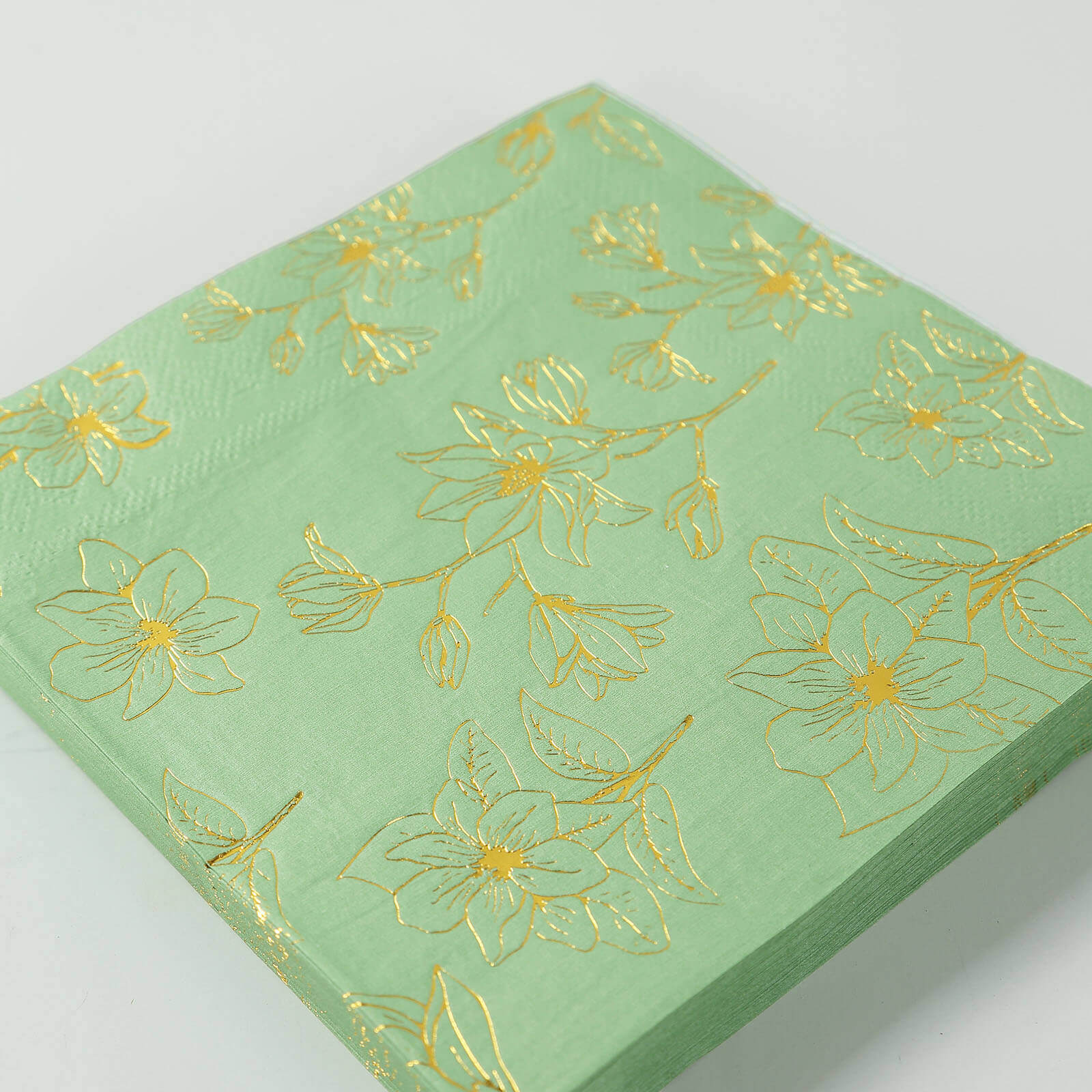 50-Pack Paper Cocktail Napkins with Gold Magnolia Flowers Print Sage Green - Highly 2 Ply Absorbent Soft Napkins for Beverages